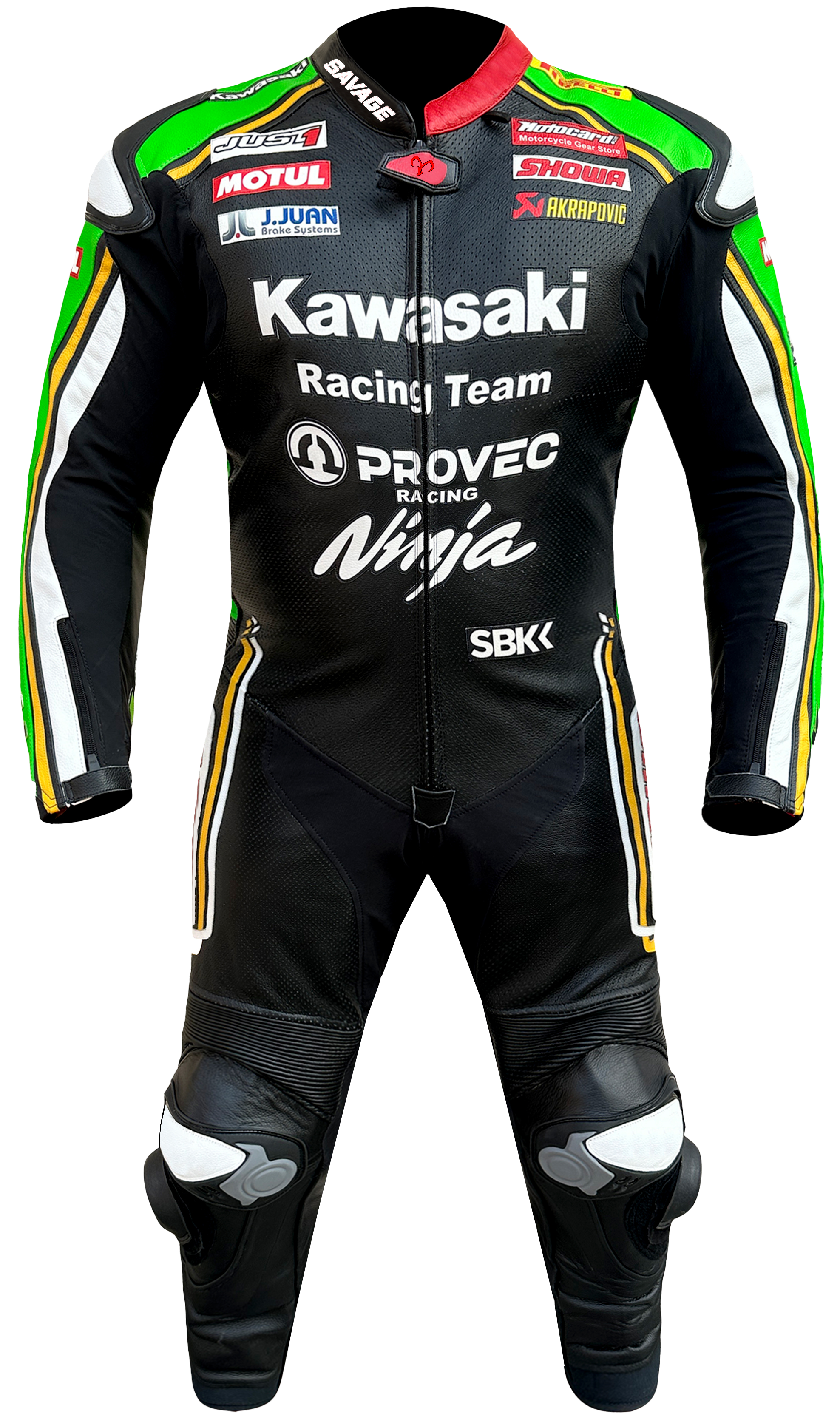 Kawasaki-Ninja-Motorbike-Racing-Suit Kawasaki Ninja motorbike racing suit featuring a black leather design with green, white, and yellow accents. The suit displays multiple sponsor logos, including Motul, Akrapovic, Showa, and Provec Racing, with "Kawasaki Racing Team" branding on the chest. It has reinforced knee sliders, perforated leather panels for ventilation, and a red collar detail.