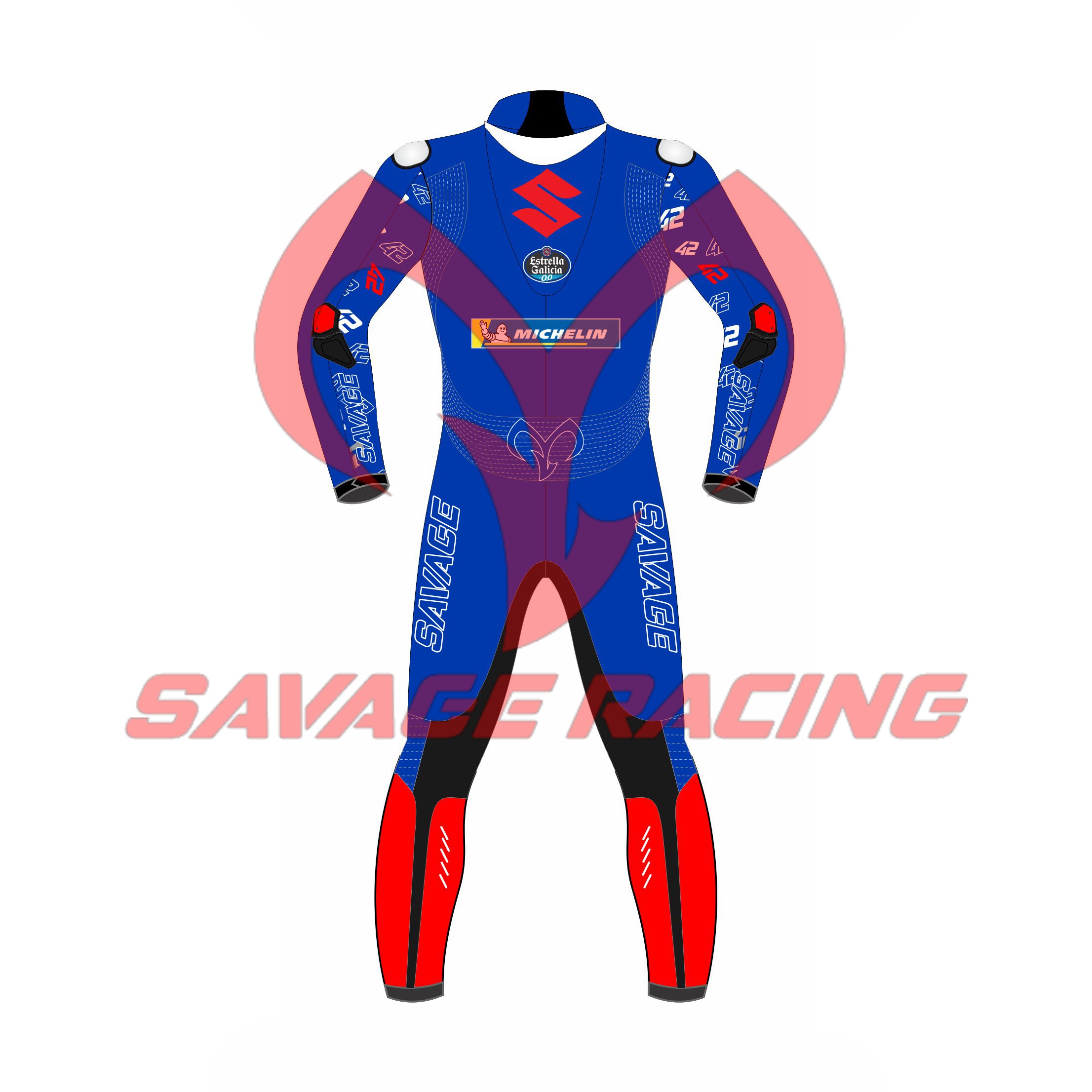 Suzuki MotoGP 2022 Alex Rins Leather Suit – Rear View | Savage Racing Rear view of Alex Rins’ 2022 Suzuki MotoGP leather race suit by Savage Racing