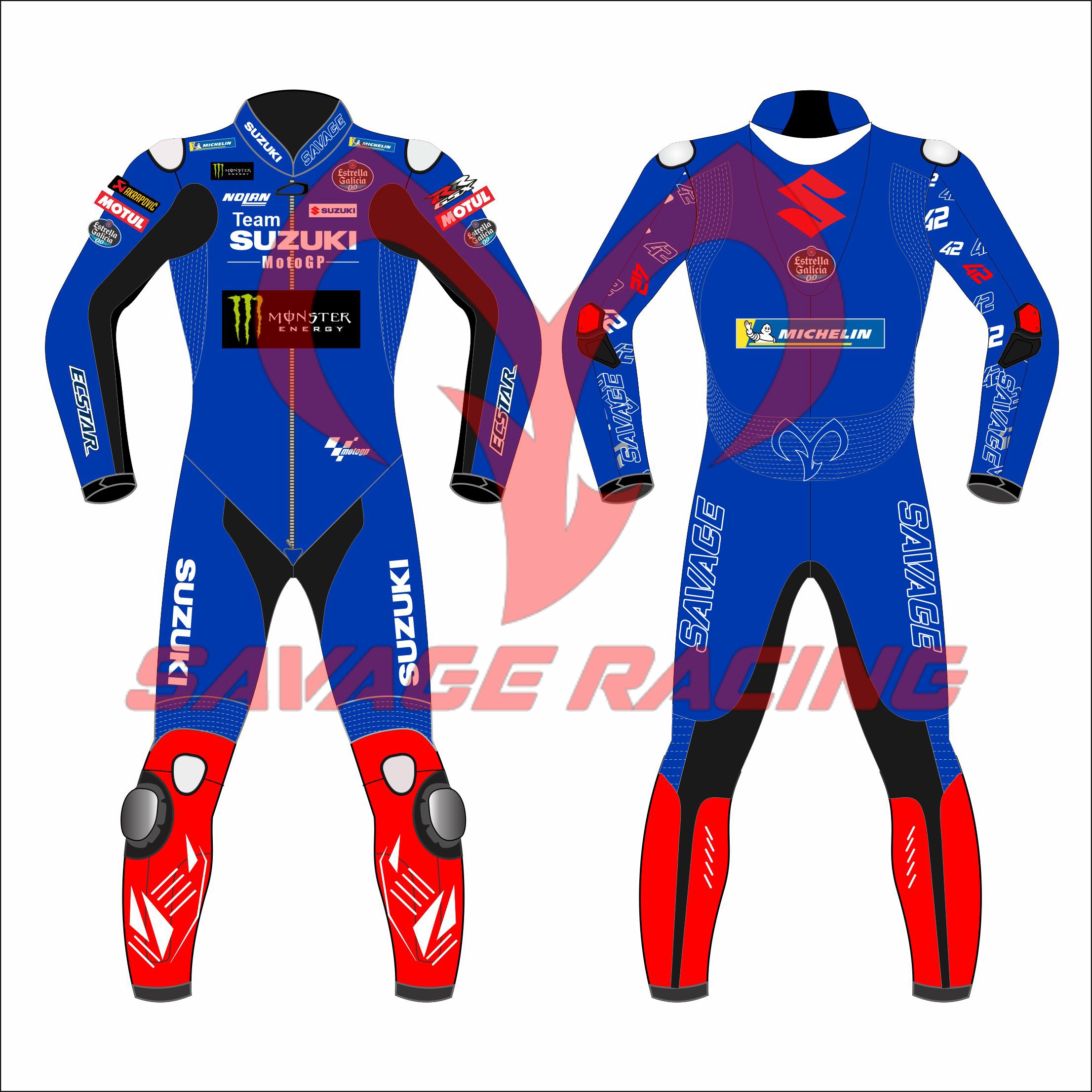 Suzuki MotoGP 2022 Race Suit – Alex Rins Replica (Front & Back) | Savage Racing Alex Rins Suzuki MotoGP 2022 race suit full front and back view by Savage Racing