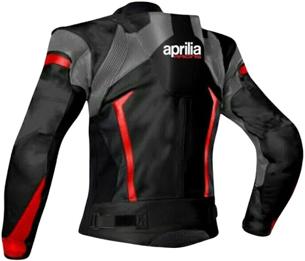 Aprilia Racing Leather Jacket – Rear Design Aprilia Racing Leather Jacket Back View with Red and Gray Accents