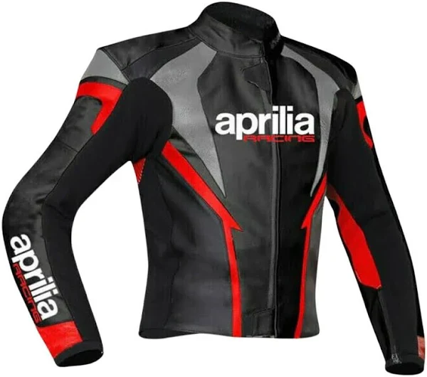 Aprilia Racing Leather Motorcycle Jacket – Front Look Aprilia Racing Leather Motorcycle Jacket Front View in Black, Red, and Gray