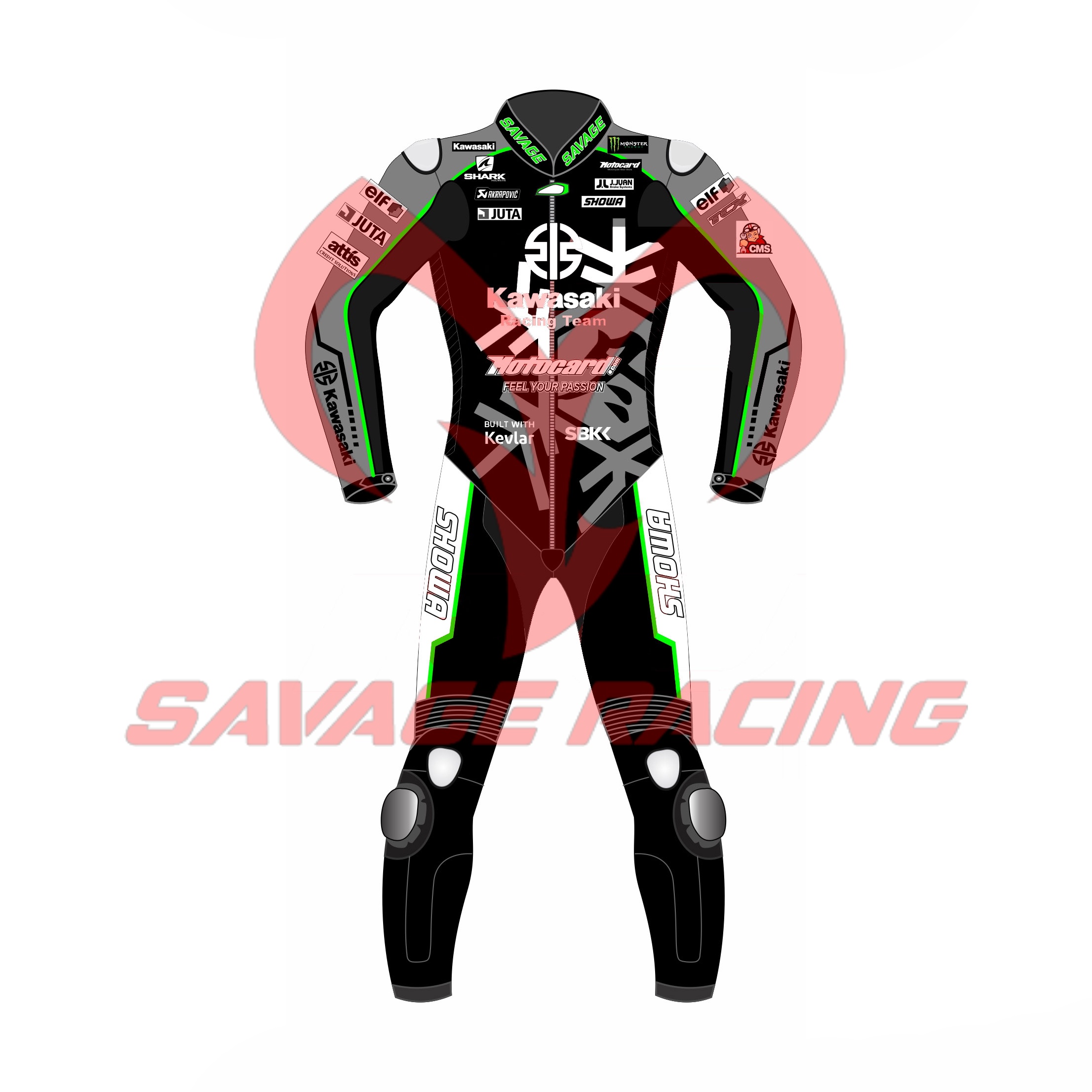 Alex Lowes Kawasaki Racing Suit Front – 2023 Jerez Winter Test Front view of Alex Lowes' 2023 Kawasaki MotoGP black leather race suit with white and green detailing and SHOWA branding.
