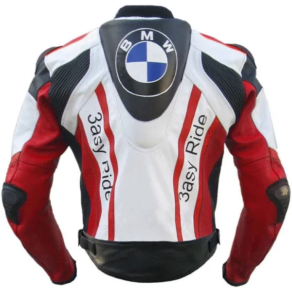 BMW 3ASY Ride Motorcycle Jacket – Back View Back view of BMW 3ASY Ride motorbike leather jacket with bold BMW logo and red-white-black design.
