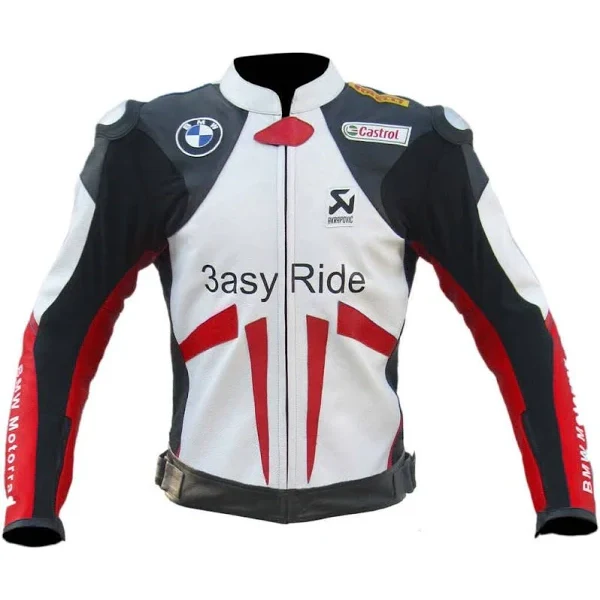 BMW 3ASY Ride Motorcycle Jacket – Front View Front view of BMW 3ASY Ride motorbike jacket with 3asy Ride lettering and Castrol patch.