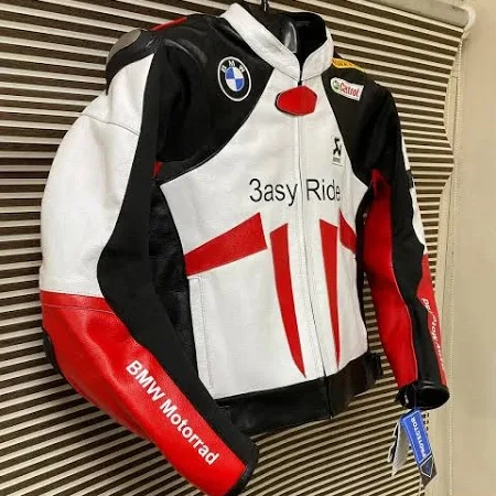 BMW 3ASY Ride Motorbike Jacket – Side Angle Angled view of BMW 3ASY Ride leather motorcycle jacket with red and white racing stripes and Castrol logo.