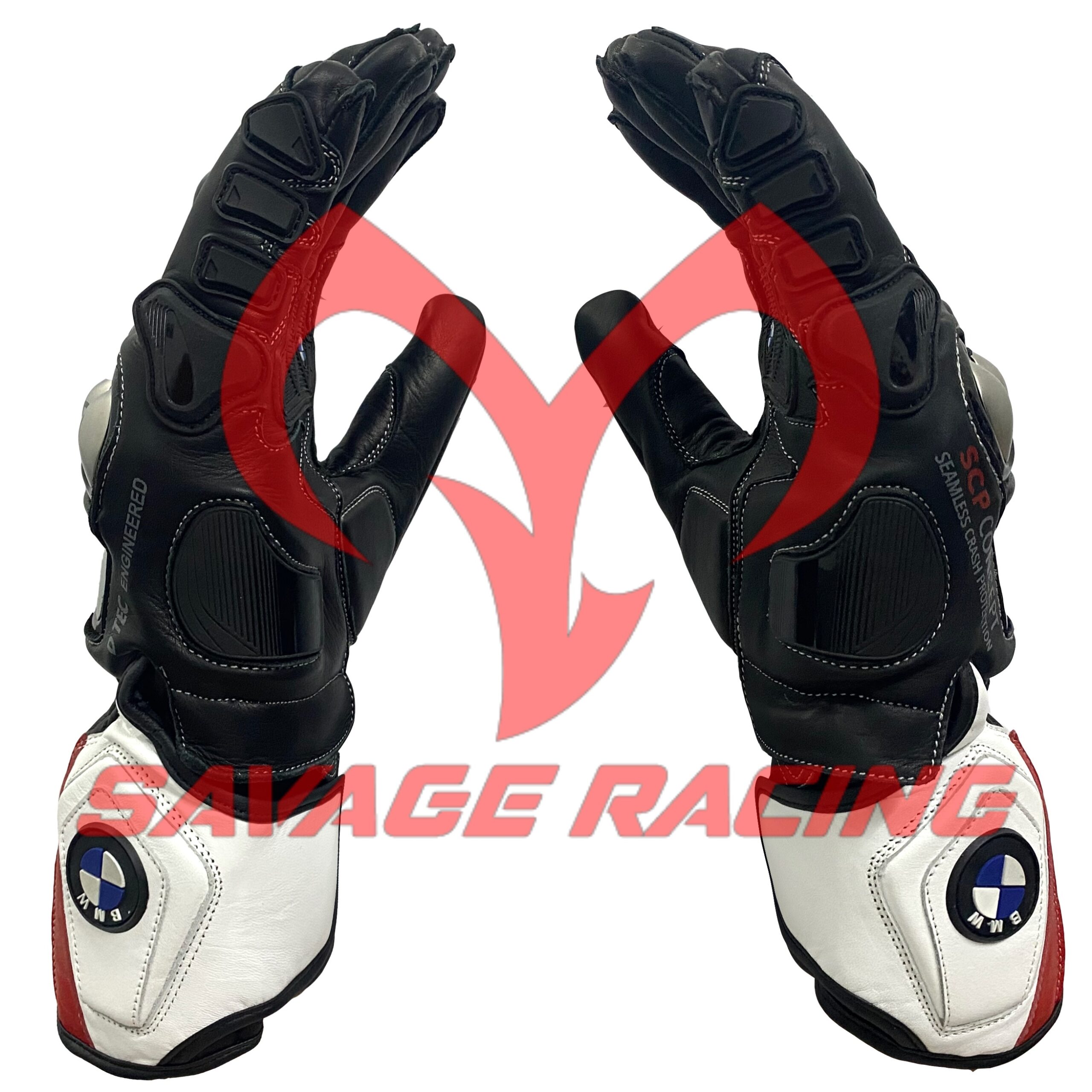BMW Motorrad Leather Racing Gloves With Seamless Cuff Protection Black and white BMW motorcycle racing gloves showing side knuckle armor