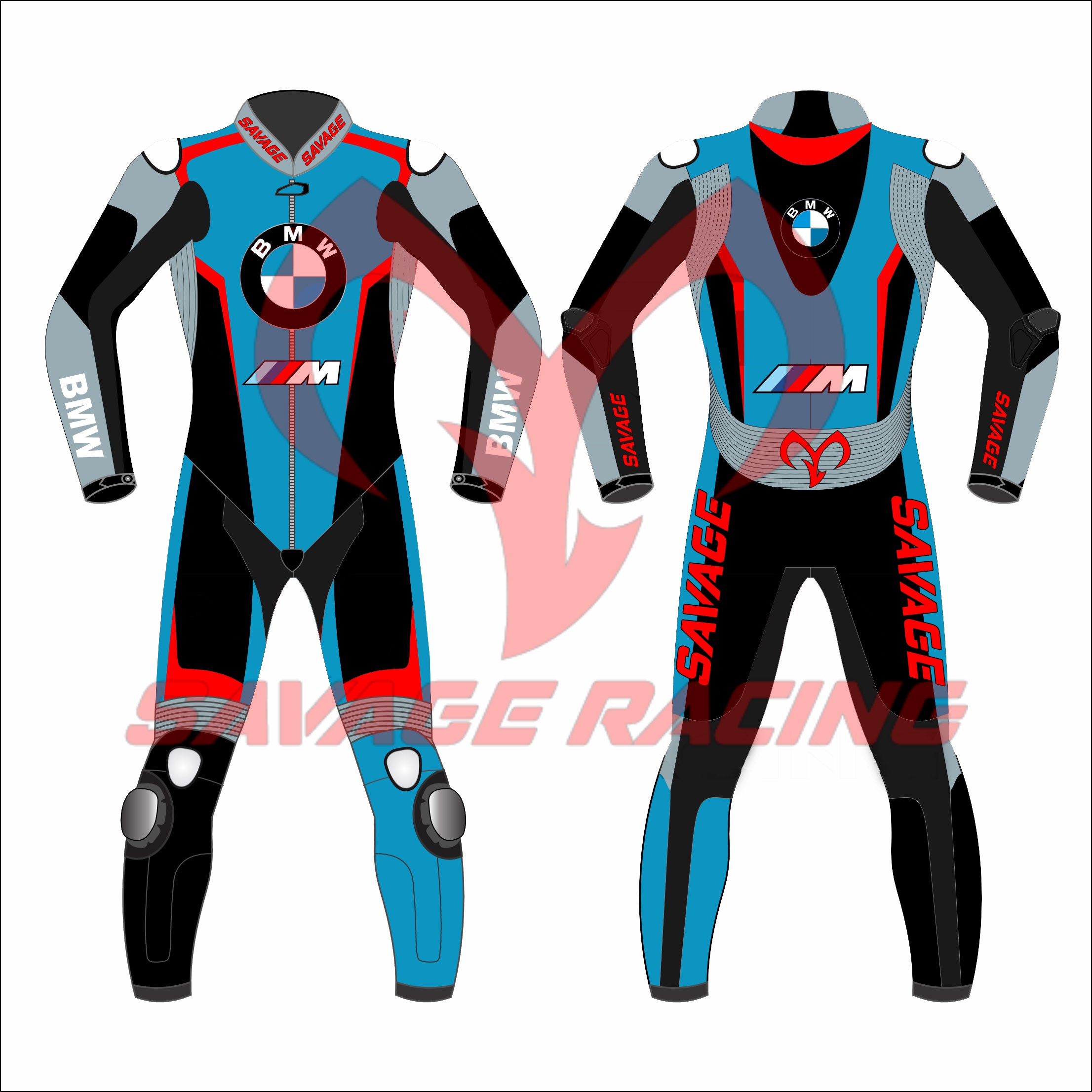 Full BMW M Race Suit – Front and Rear Design (2023) Front and back design of BMW Pro Race Suit for superbike riders by Savage Racing