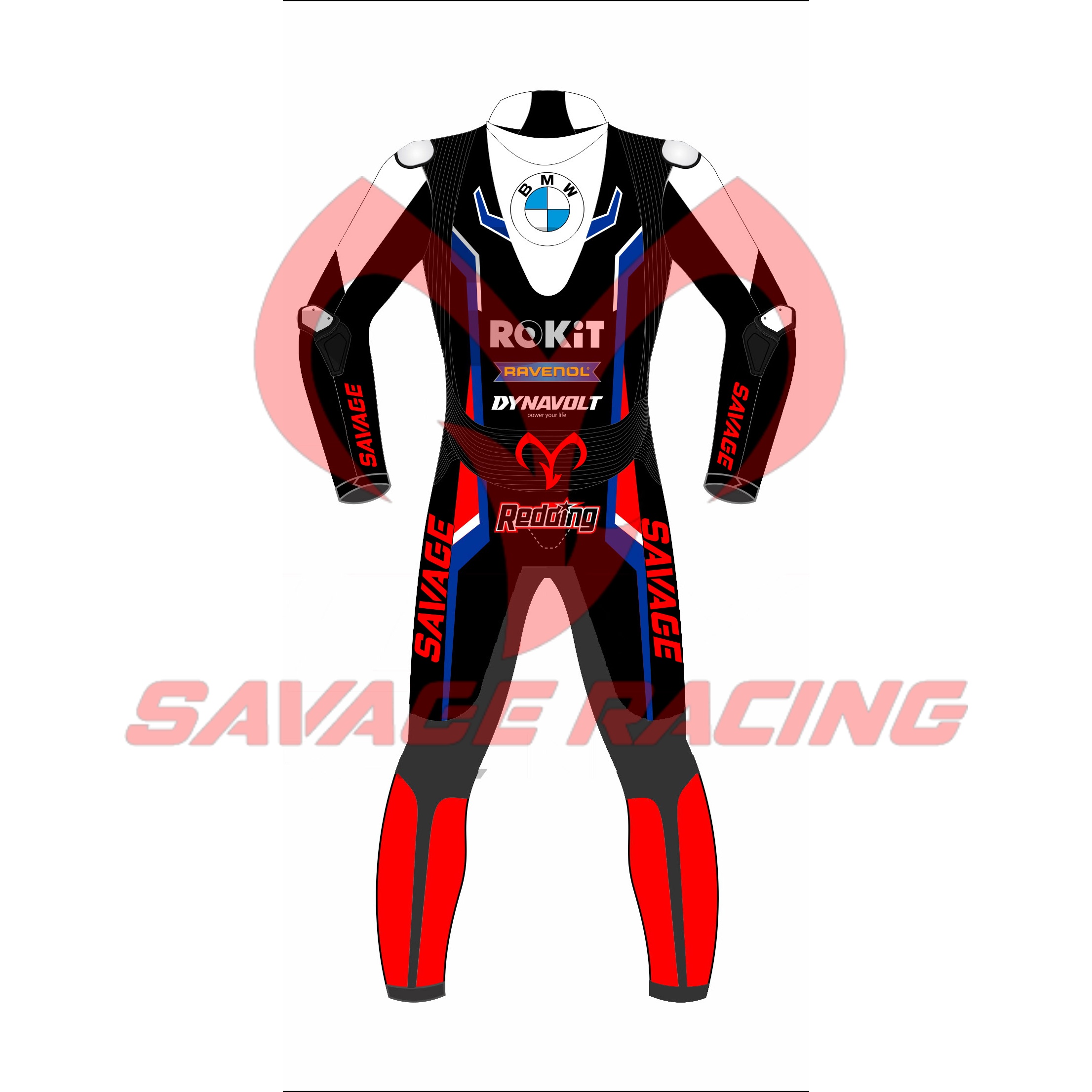 BMW WSBK 2023 Scott Redding Race Suit - Back View Rear view of BMW racing leather suit worn by Scott Redding in 2023 WSBK season with Dynavolt and Ravenol logos