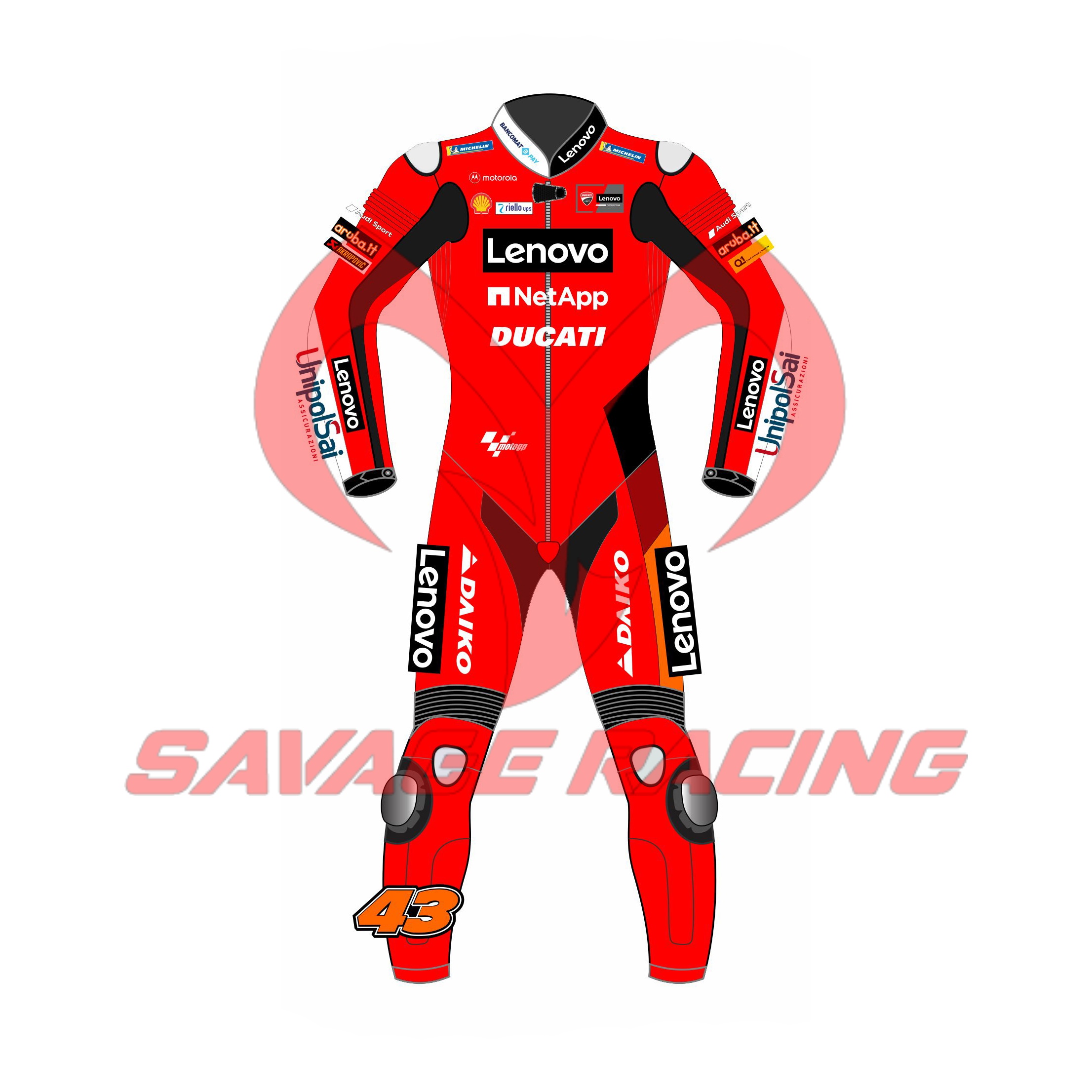 Jack Miller MotoGP 2021 Ducati Lenovo Race Suit – Front View | Savage Racing Front view of Jack Miller 2021 Ducati MotoGP race suit in red with Lenovo and Daiko branding and number 43 patch