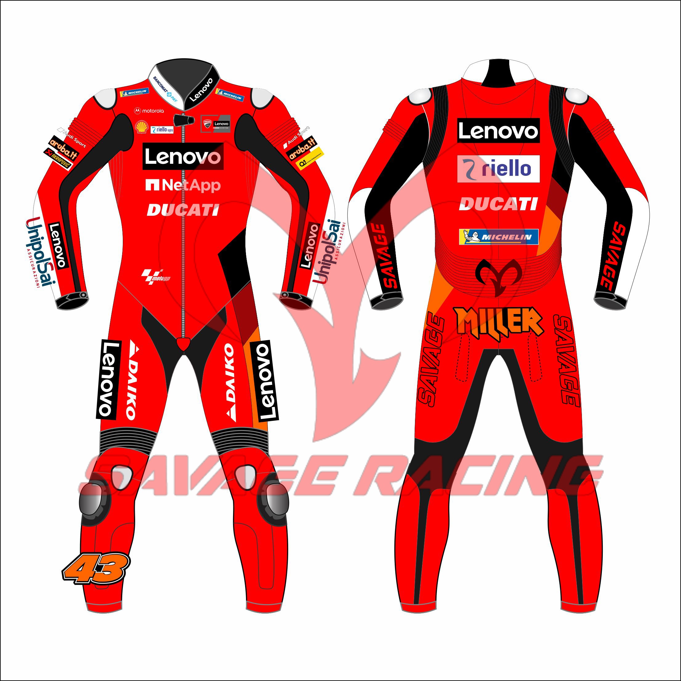 Jack Miller MotoGP 2021 Ducati Lenovo Race Suit – Full Front & Back | Savage Racing Full front and back view of Jack Miller 2021 Ducati Lenovo MotoGP race suit in red with detailed sponsor branding