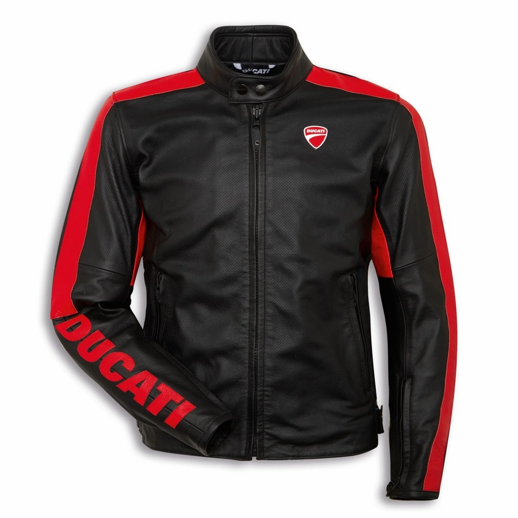 Ducati C4 Leather Biker Jacket with Ducati Logo - Front View Ducati C4 red and black motorbike leather jacket front view