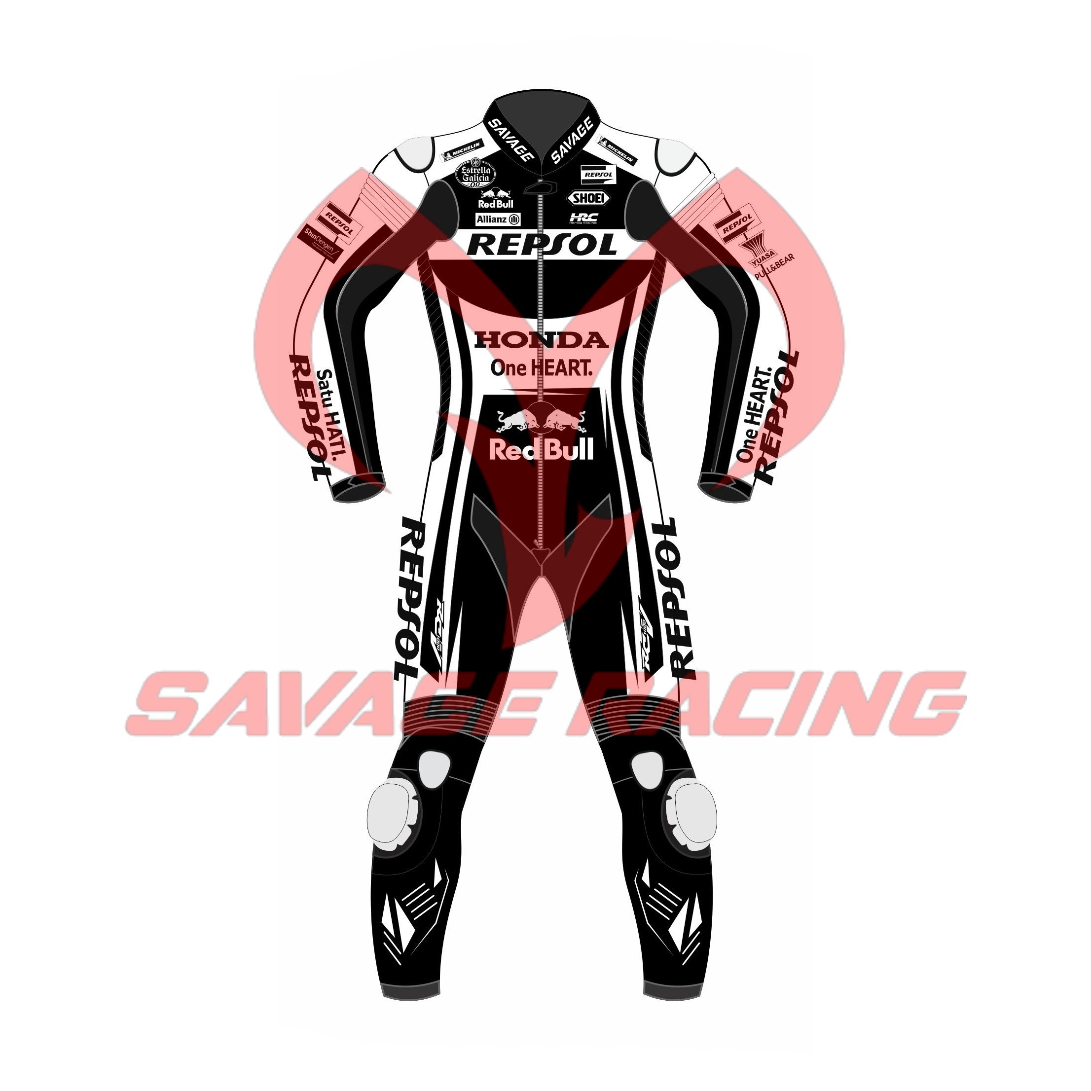Repsol Honda MotoGP 2022 Black Edition Suit – Front View | Savage Racing Front view of black Repsol Honda MotoGP race suit by Savage Racing, inspired by Espargaró