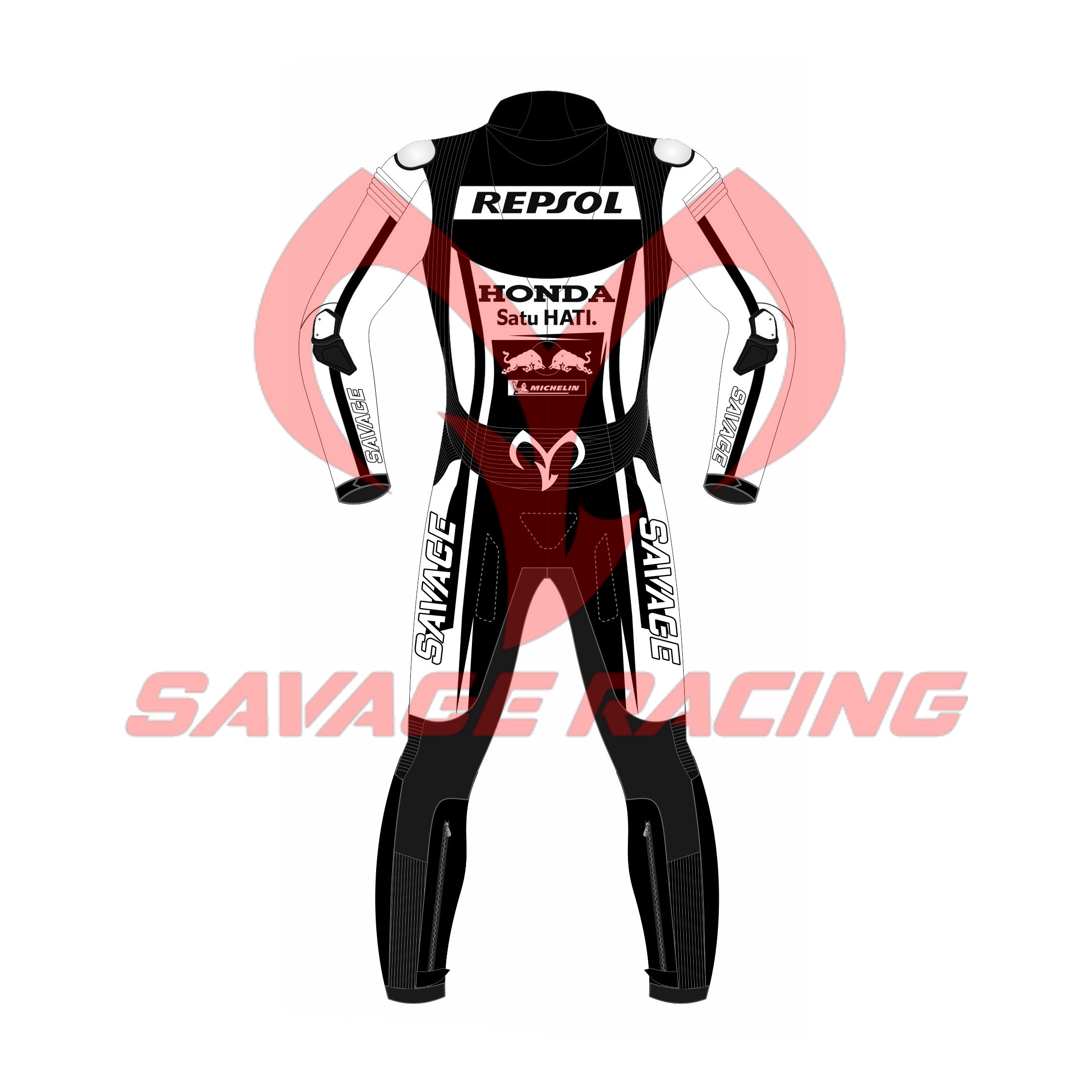 Repsol Honda Blackout MotoGP Suit – Rear Profile | Savage Racing Back view of black Savage Racing Honda Repsol MotoGP 2022 suit, Espargaró edition