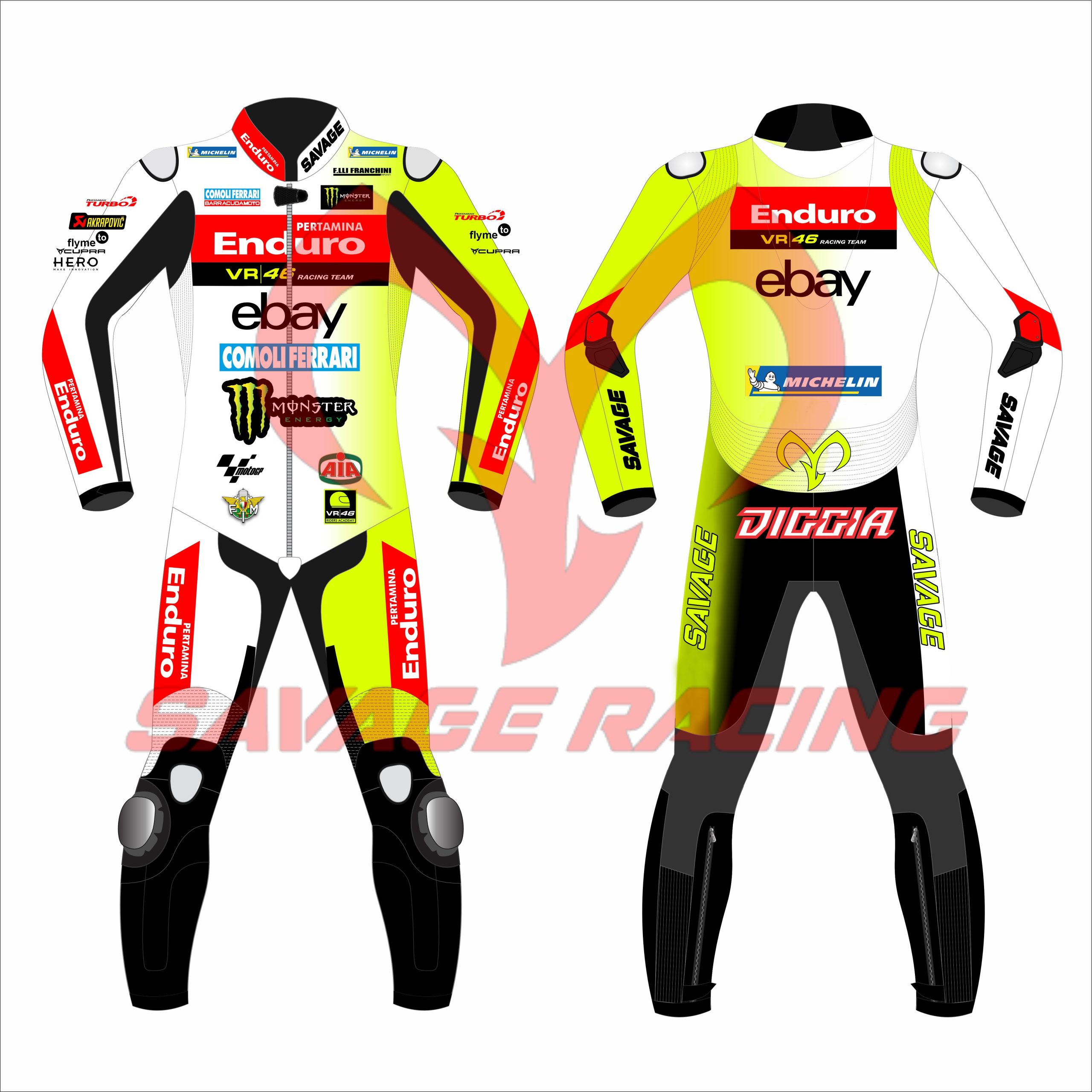 Fabio Di Giannantonio VR46 2024 Race Suit – Full Layout Caption: Full front and back layout of Fabio Di Giannantonio’s 2024 MotoGP VR46 Pertamina Enduro leather race suit with yellow, white, and black color scheme