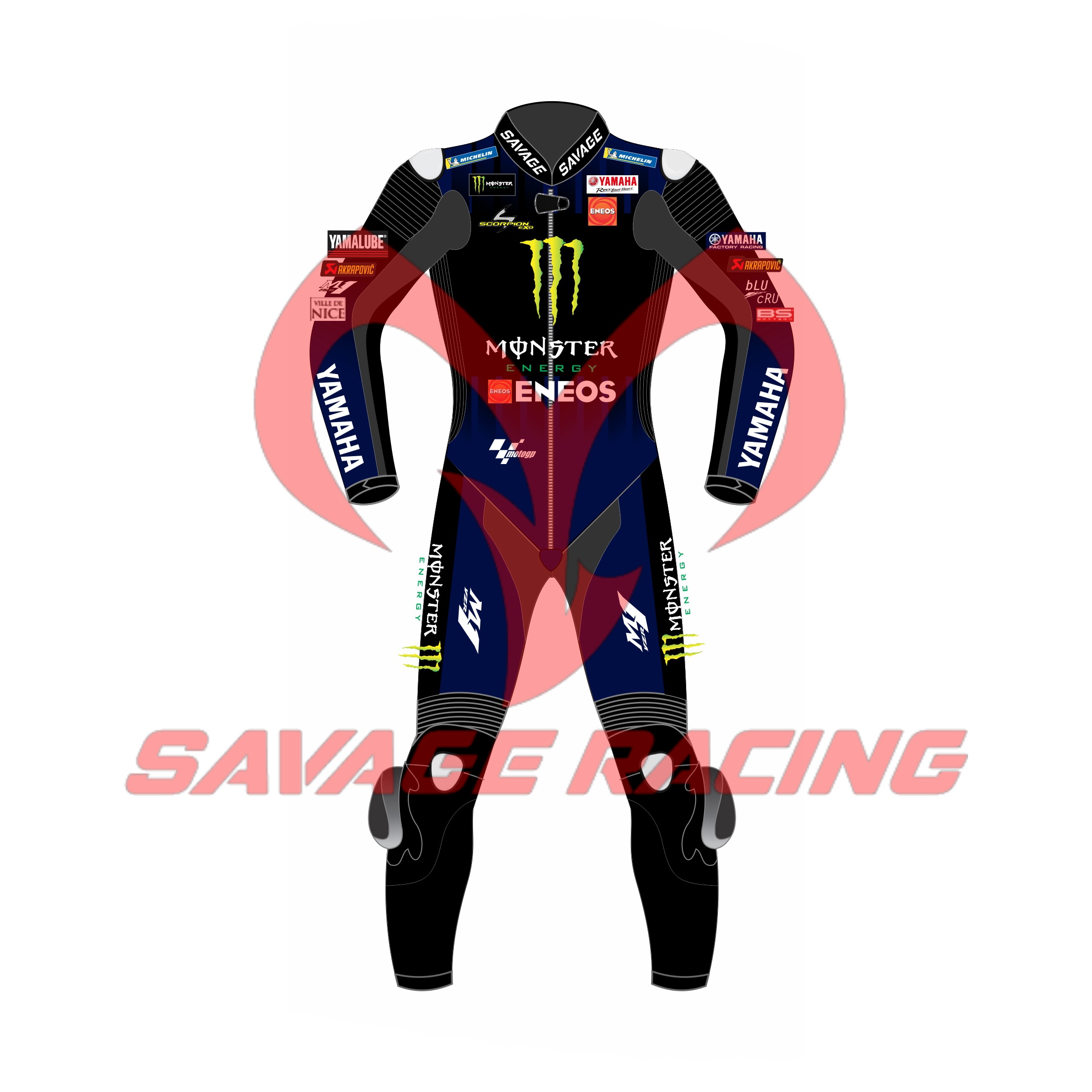 Fabio Quartararo MotoGP 2021 Monster Yamaha Race Suit – Front View | Savage Racing Front view of Fabio Quartararo 2021 Monster Energy Yamaha MotoGP race suit in black and blue with ENEOS, Monster, and Yamaha branding