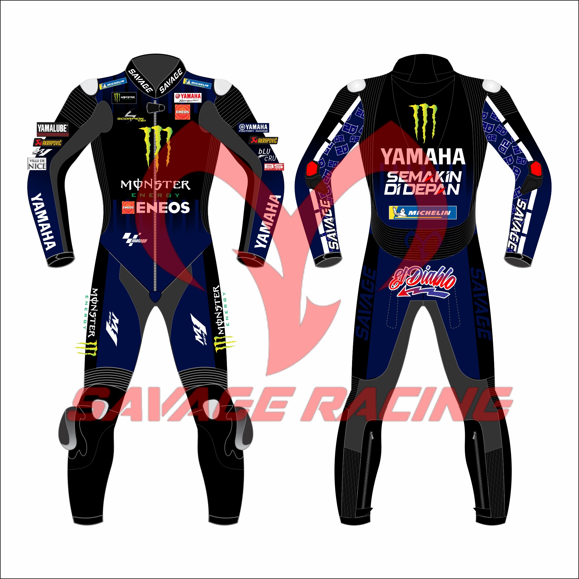 Fabio Quartararo MotoGP 2021 Monster Yamaha Race Suit – Full Front & Back | Savage Racing Full front and back view of Fabio Quartararo 2021 Yamaha MotoGP race suit with “El Diablo” branding and full sponsor layout