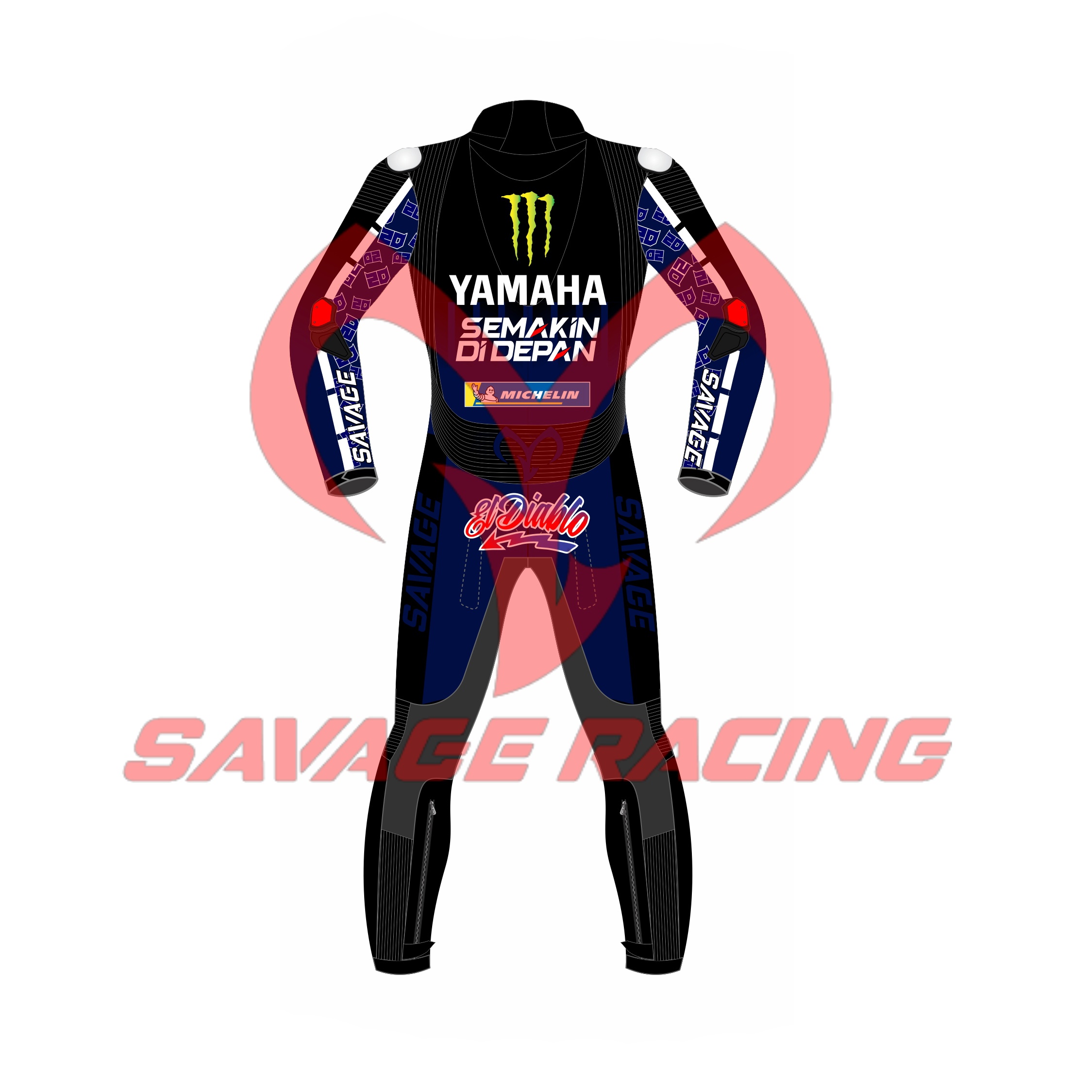 Fabio Quartararo MotoGP 2021 Monster Yamaha Race Suit – Back View | Savage Racing Back view of Fabio Quartararo 2021 Monster Yamaha MotoGP suit featuring El Diablo logo, Monster Energy, and Michelin branding