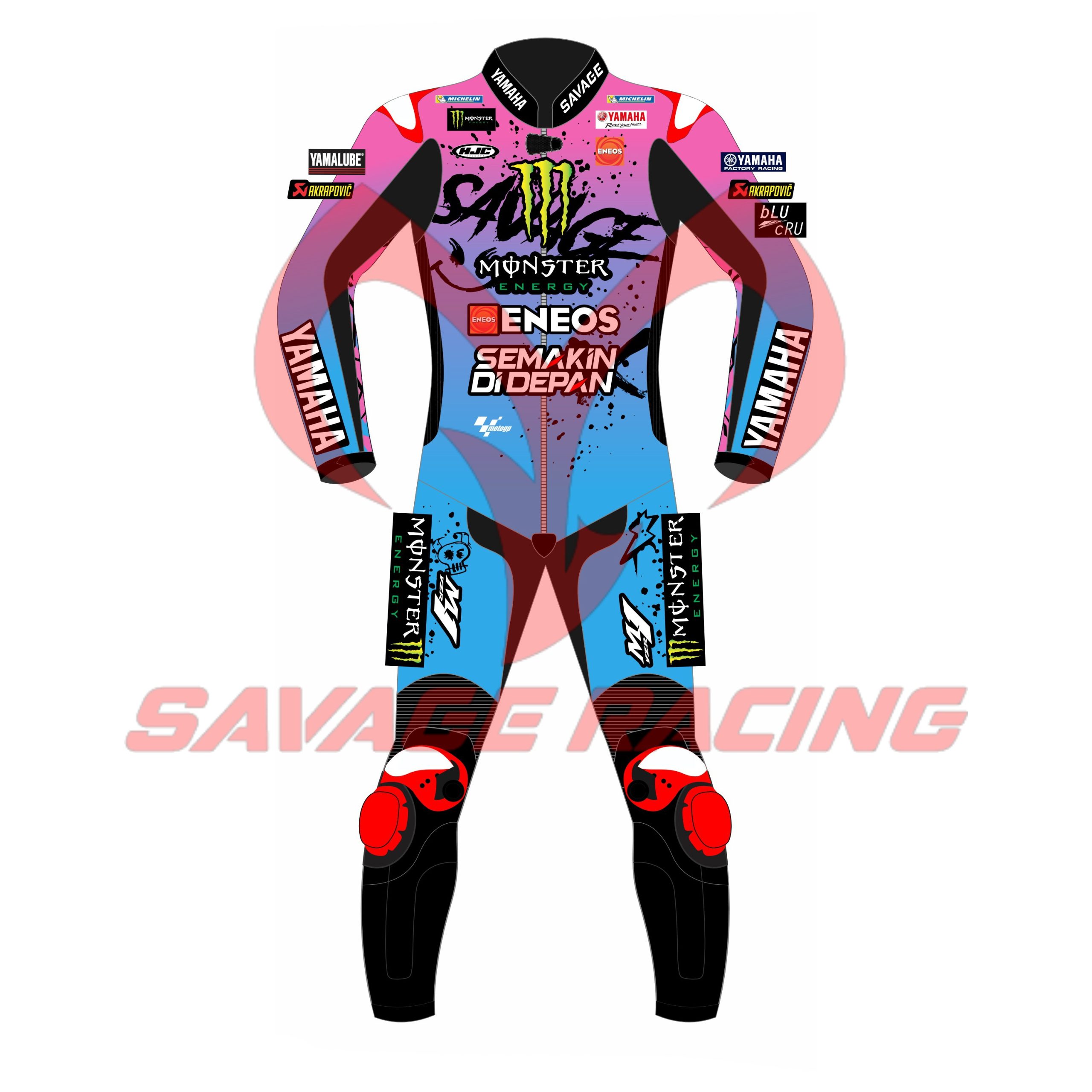 Front - Fabio Quartararo 2024 Yamaha French GP Race Suit Front view of Fabio Quartararo 2024 French GP Yamaha MotoGP leather race suit in blue and pink graffiti style