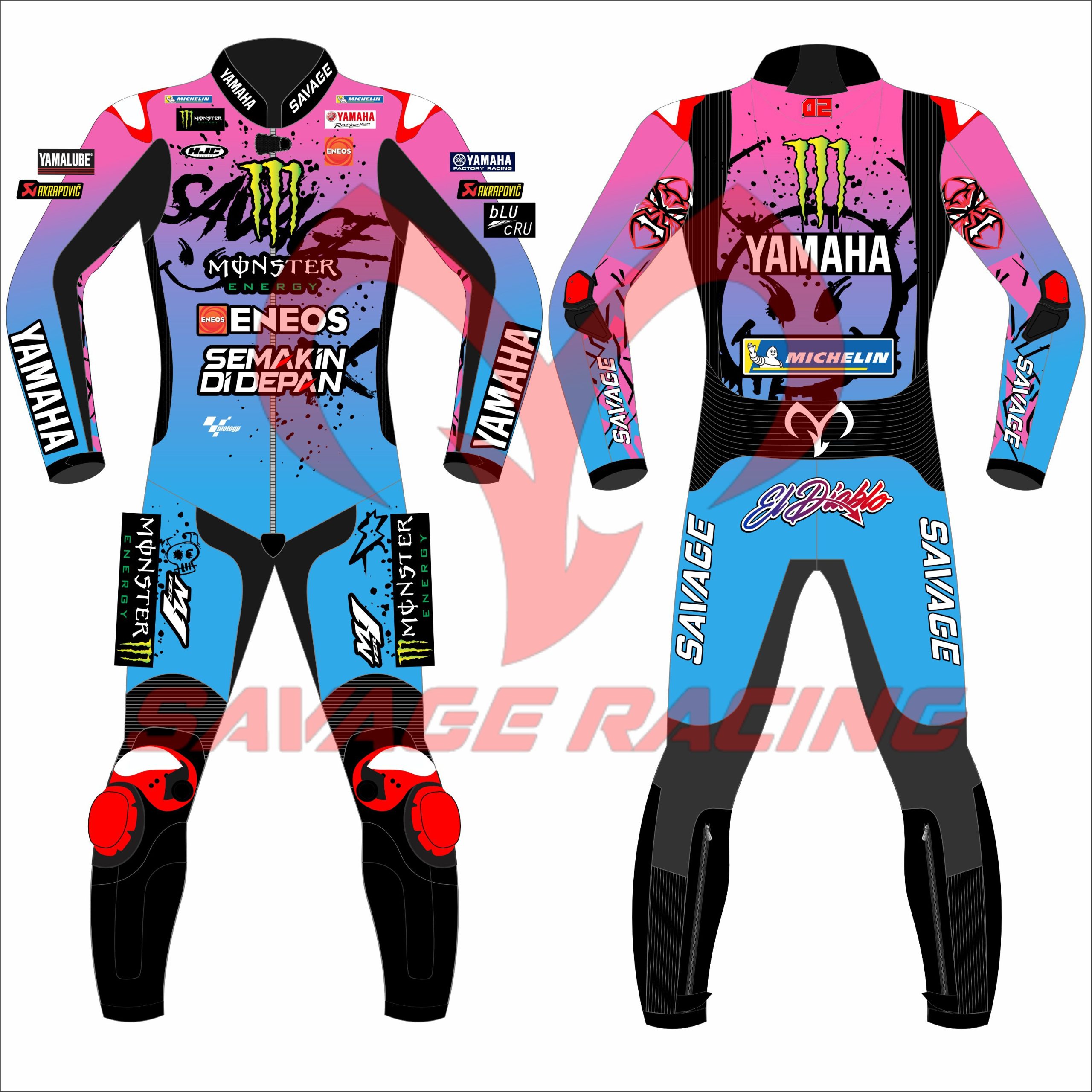 Fabio Quartararo French GP 2024 Yamaha Racing Suit – Front & Back Full front and back views of Fabio Quartararo 2024 French GP Yamaha Monster Energy leather racing suit