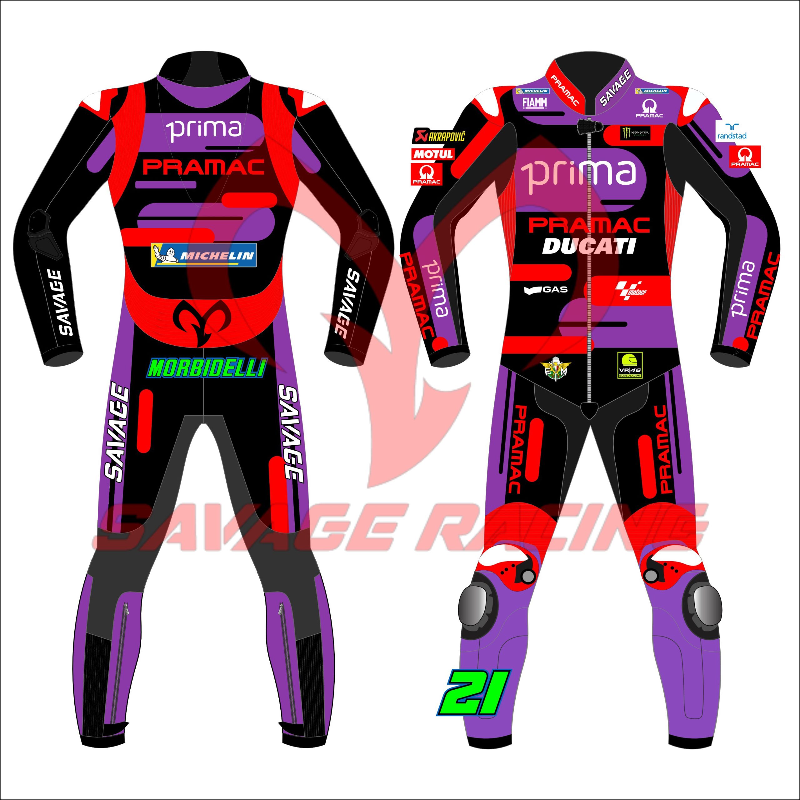 Front View - Franco Morbidelli Pramac Ducati 2024 MotoGP Suit Front view of Franco Morbidelli 2024 Pramac Ducati MotoGP leather race suit