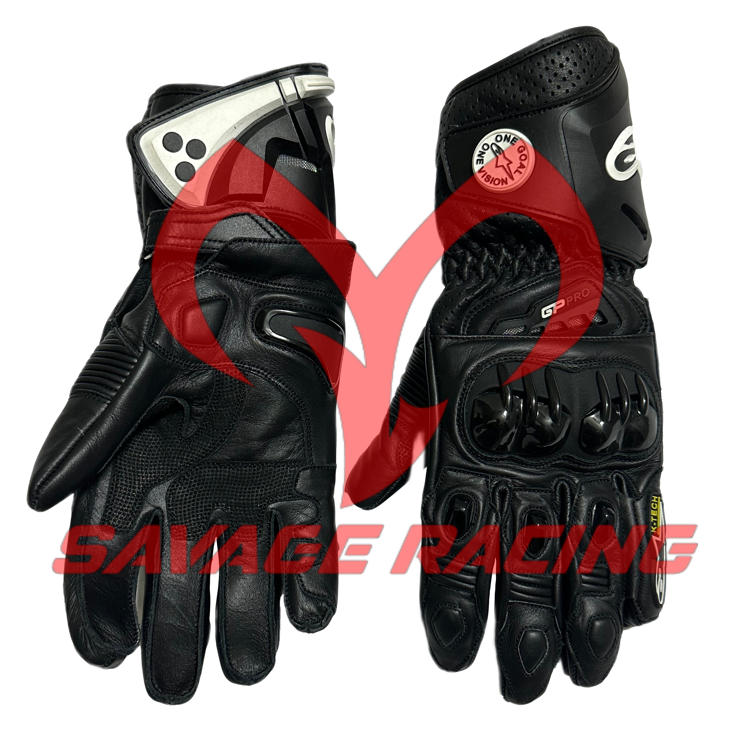 GP Pro Motorbike Gloves - Dual Angle for Fit & Function GP Pro Black Leather Racing Gloves Mixed View Front and Palm