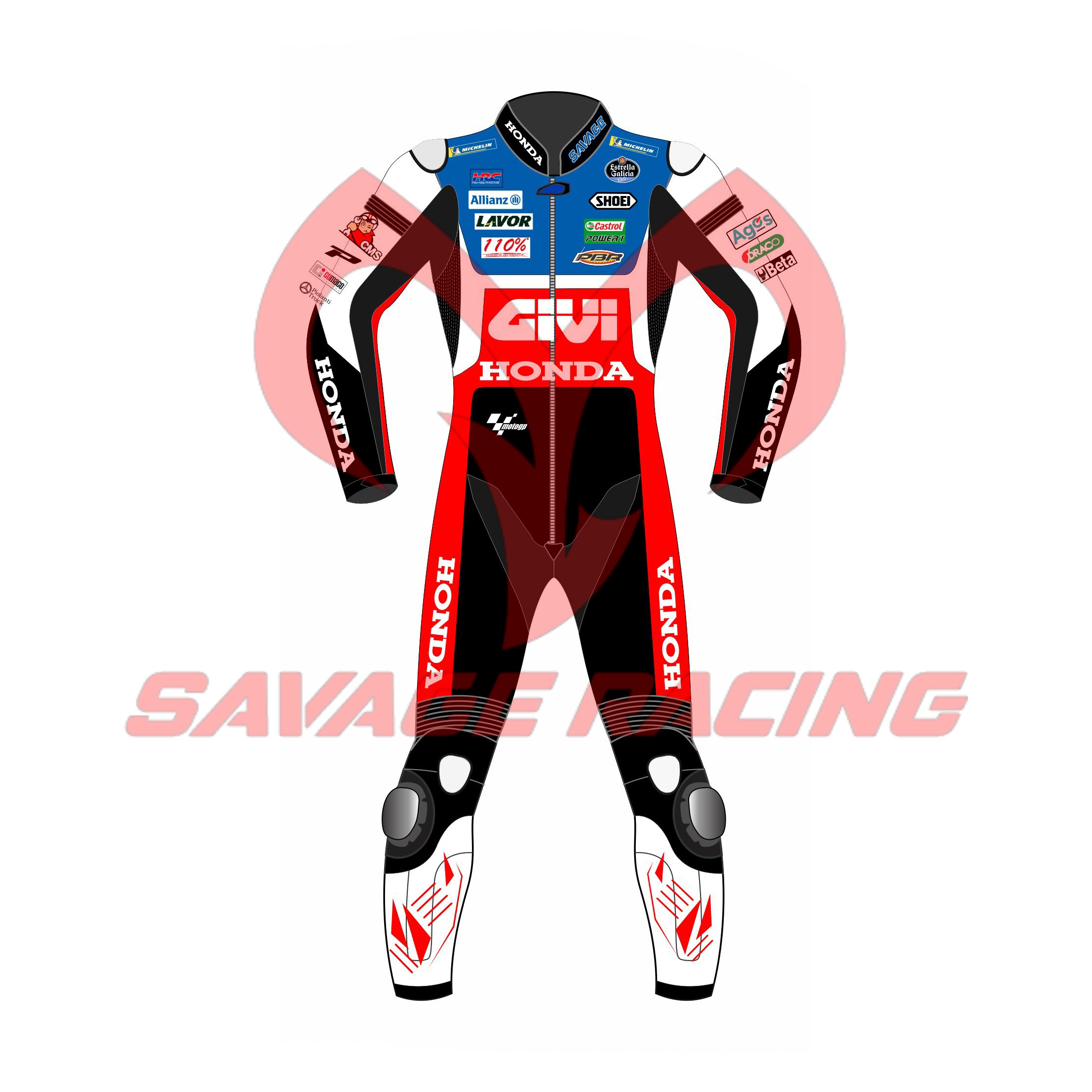 GIVI Honda MotoGP 2022 Álex Márquez Suit – Rear View | Savage Racing Back view of Álex Márquez 2022 GIVI Honda MotoGP racing suit by Savage Racing