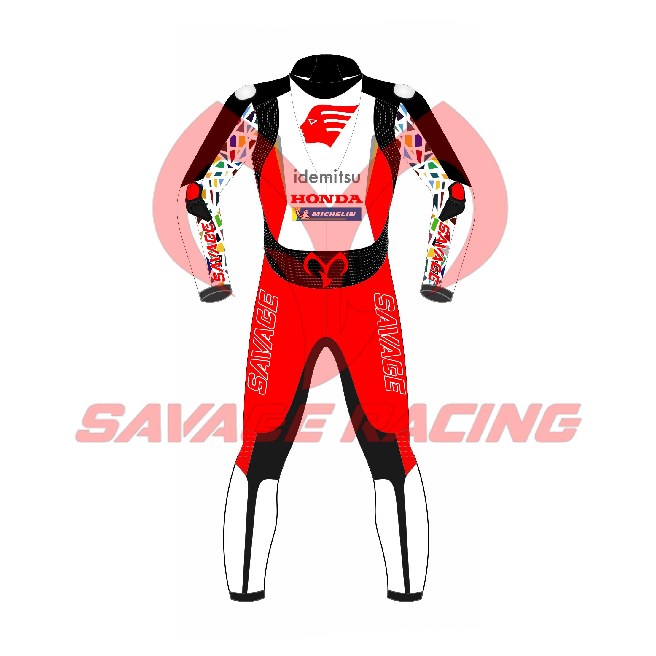 Idemitsu Honda MotoGP 2022 Race Suit – Rear View | Savage Racing Back view of Honda Idemitsu MotoGP 2022 race suit with patterned sleeves by Savage Racing