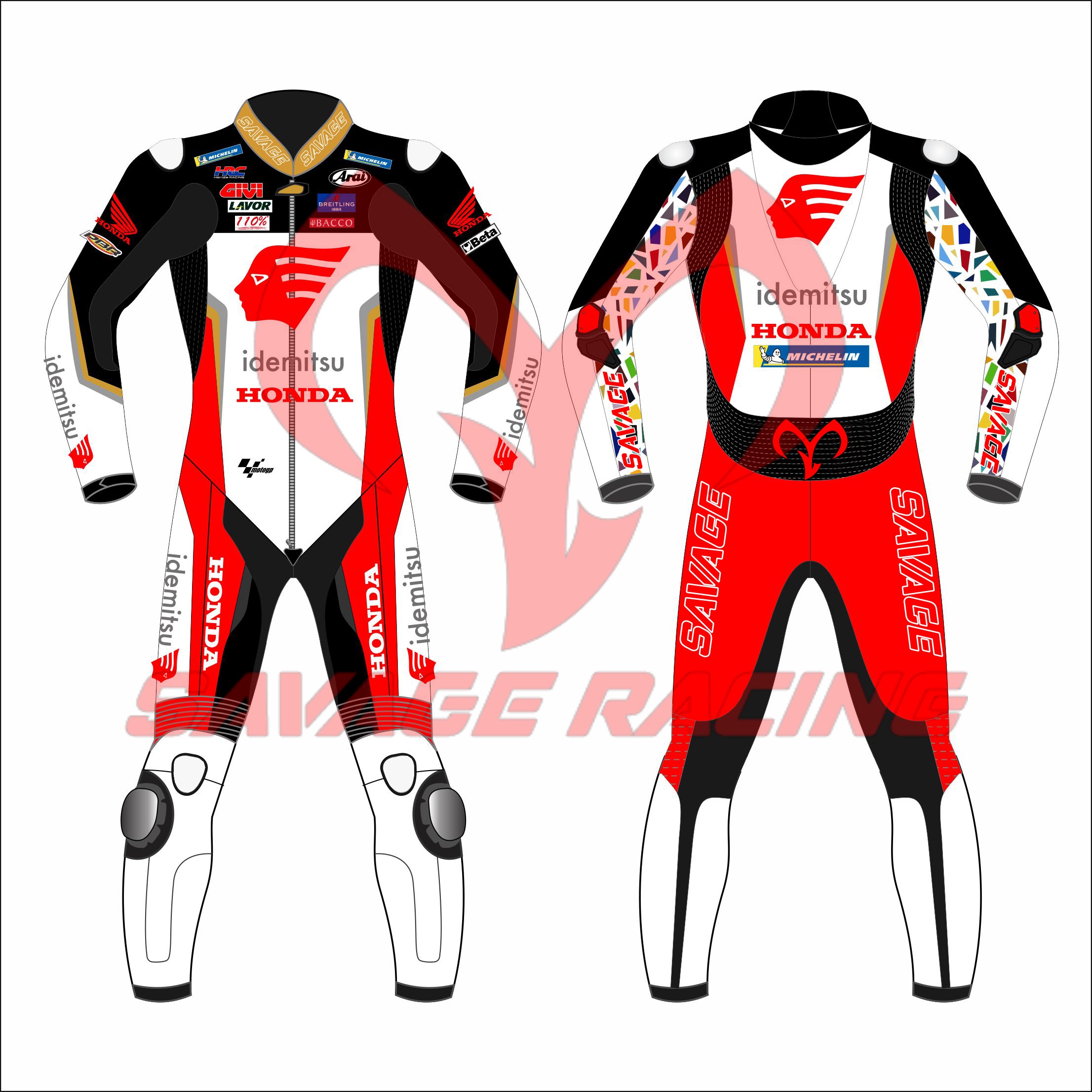 Idemitsu Honda MotoGP 2022 Leather Suit – Complete Rider Replica | Savage Racing Full front and back view of 2022 Honda Idemitsu MotoGP leather race suit by Savage Racing
