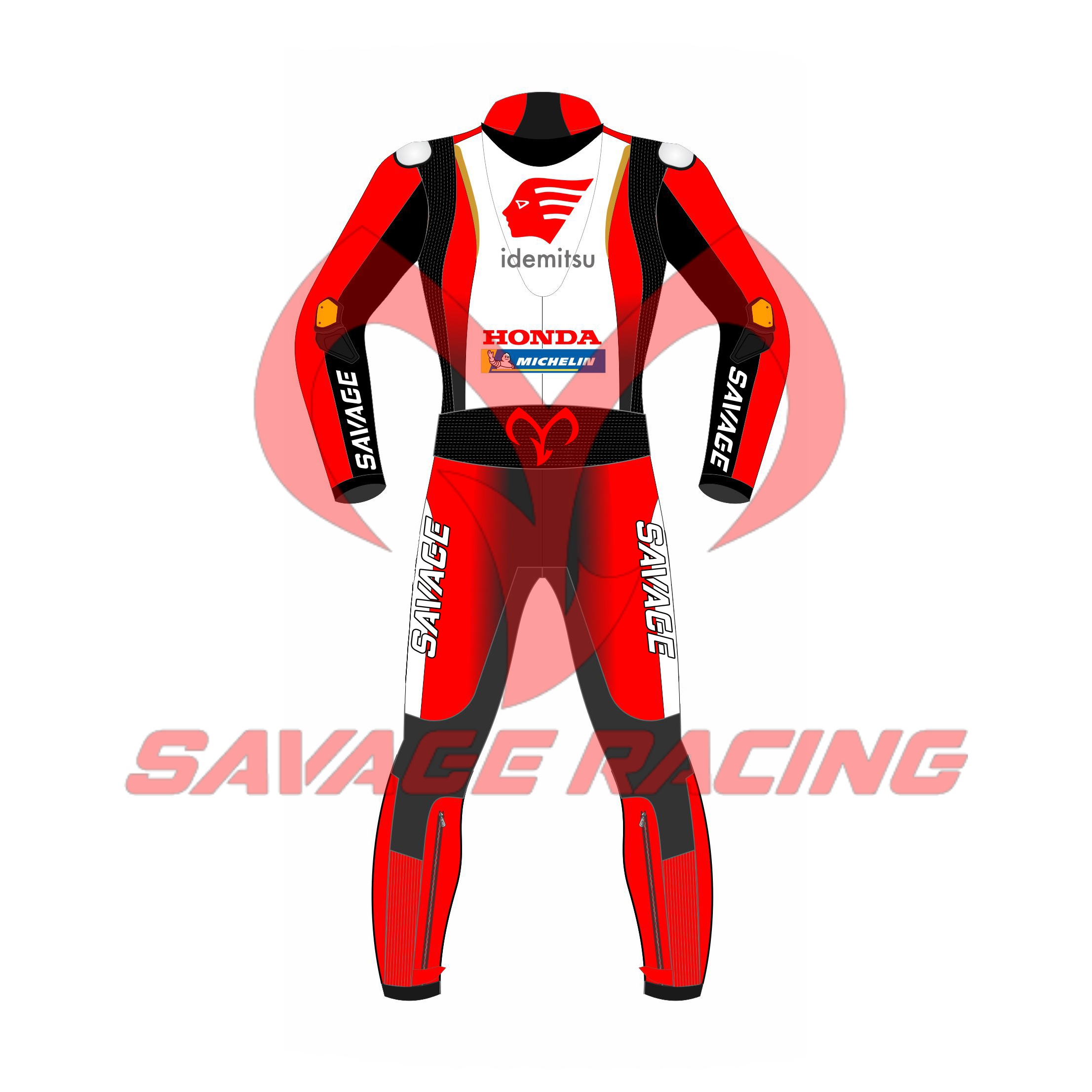 Idemitsu Honda LCR MotoGP Race Suit – Back View | Savage Racing Back view of Idemitsu Honda MotoGP leather race suit featuring Savage branding and sponsor patches