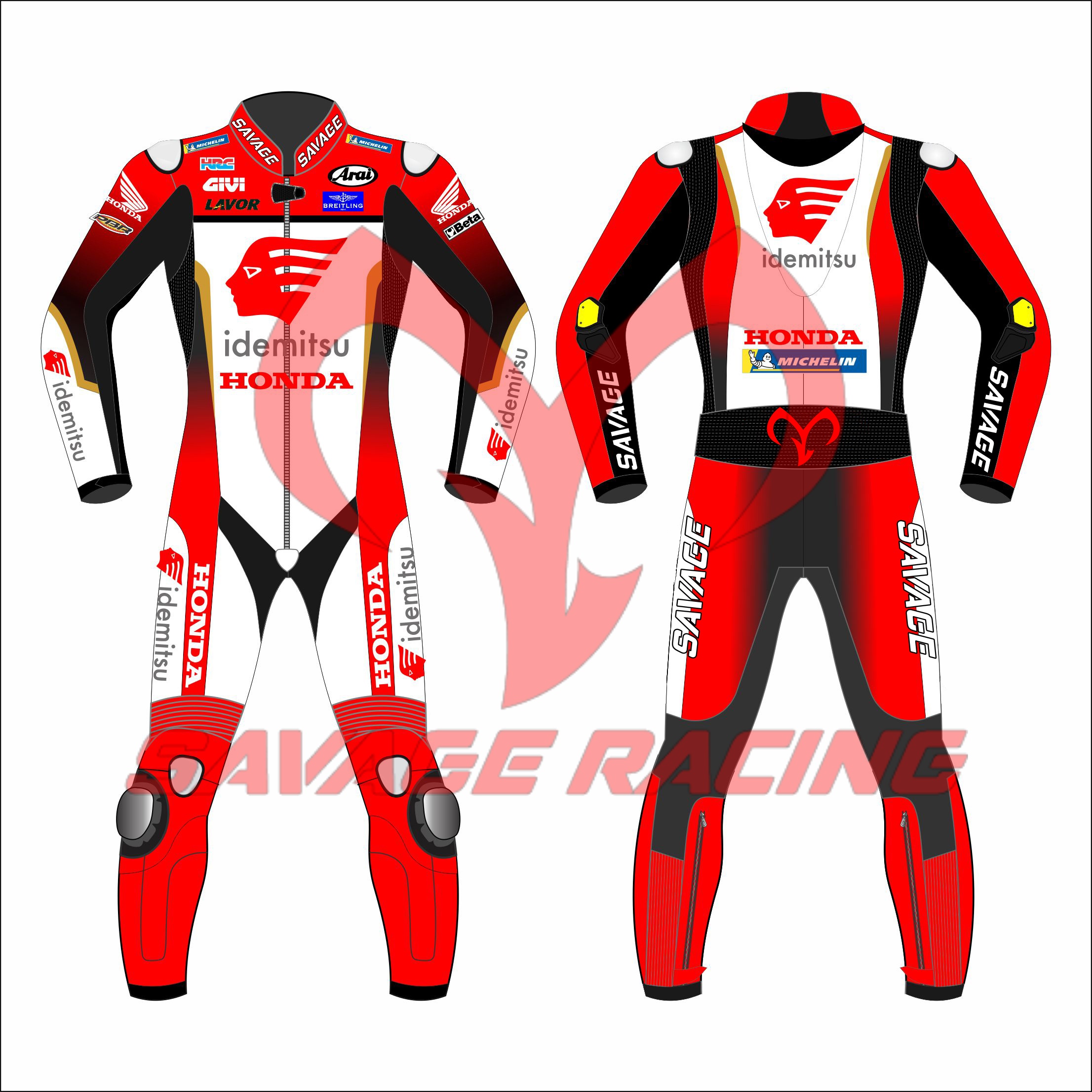 Idemitsu Honda LCR MotoGP Race Suit – Full Front & Back View | Savage Racing Full front and back view of Idemitsu Honda LCR MotoGP suit in red, white, and black with official team sponsor logos