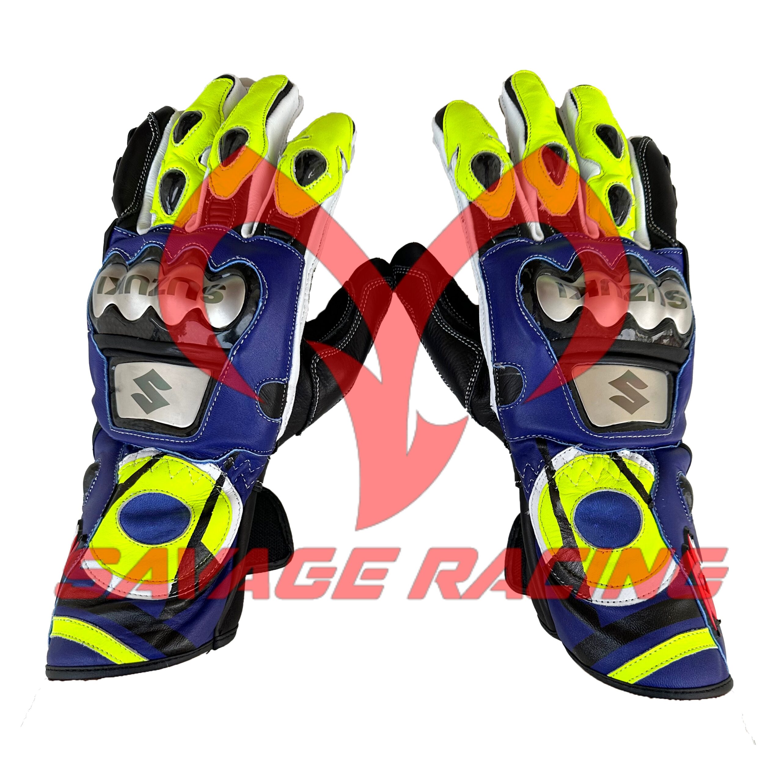 Front View of Suzuki MotoGP Leather Racing Gloves with Armor Suzuki MotoGP leather racing gloves front view with metal knuckle protection