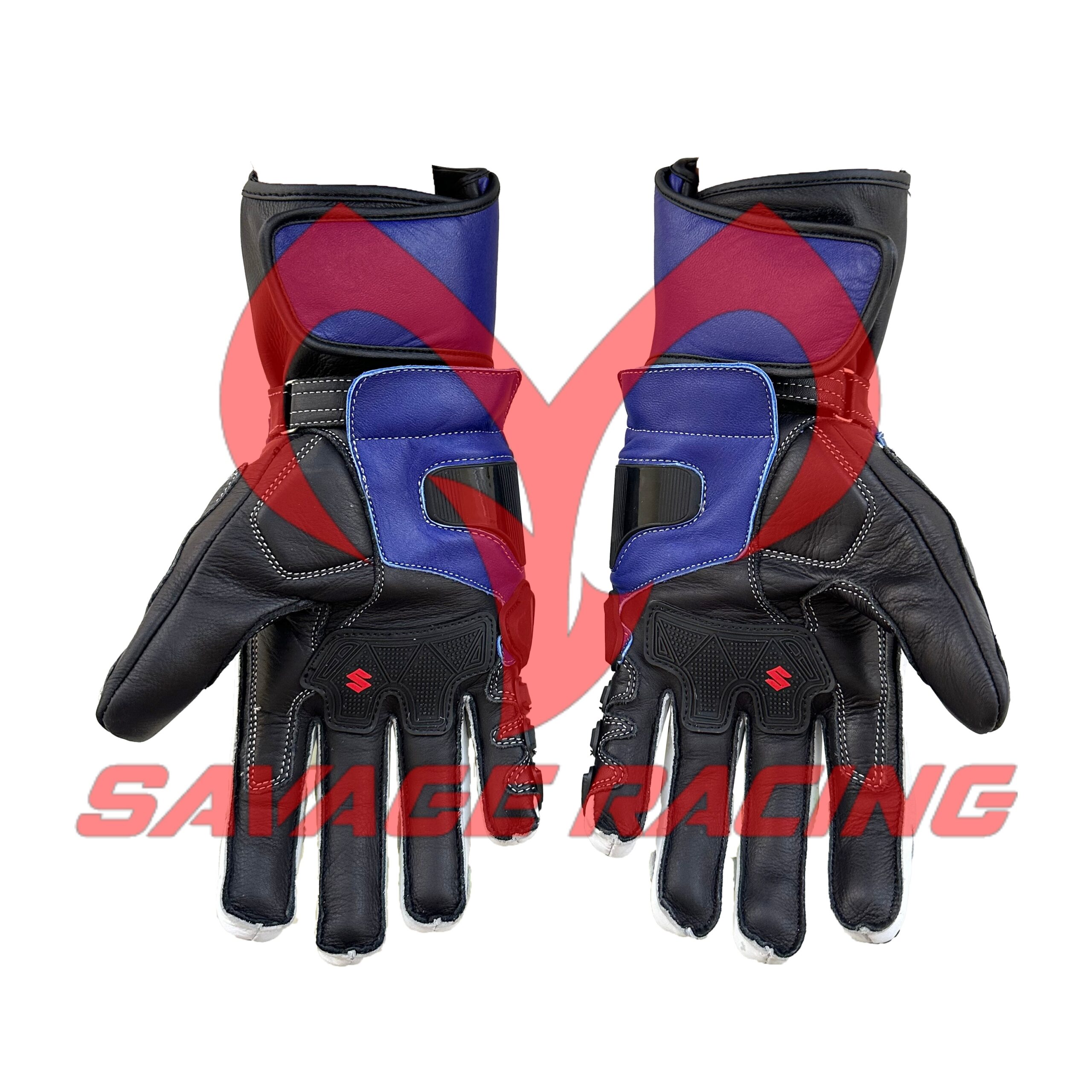 Palm Design of Suzuki MotoGP Leather Gloves with Enhanced Grip Palm side of Suzuki MotoGP leather gloves with grip-enhancing textures and protective padding