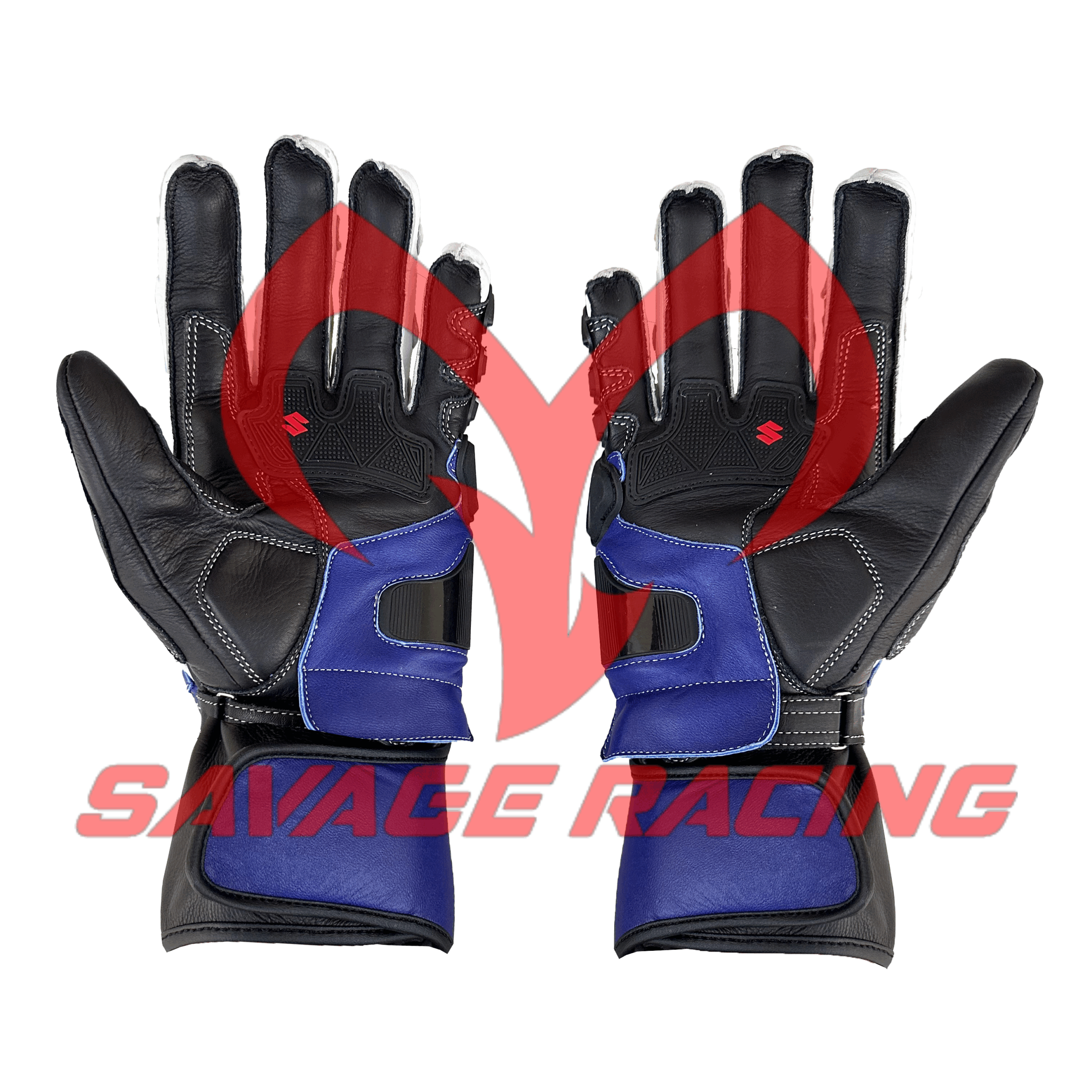 Suzuki Racing Gloves with Palm Protection and Control Fit Open palm view of both Suzuki race gloves with red logo detail and flexible construction