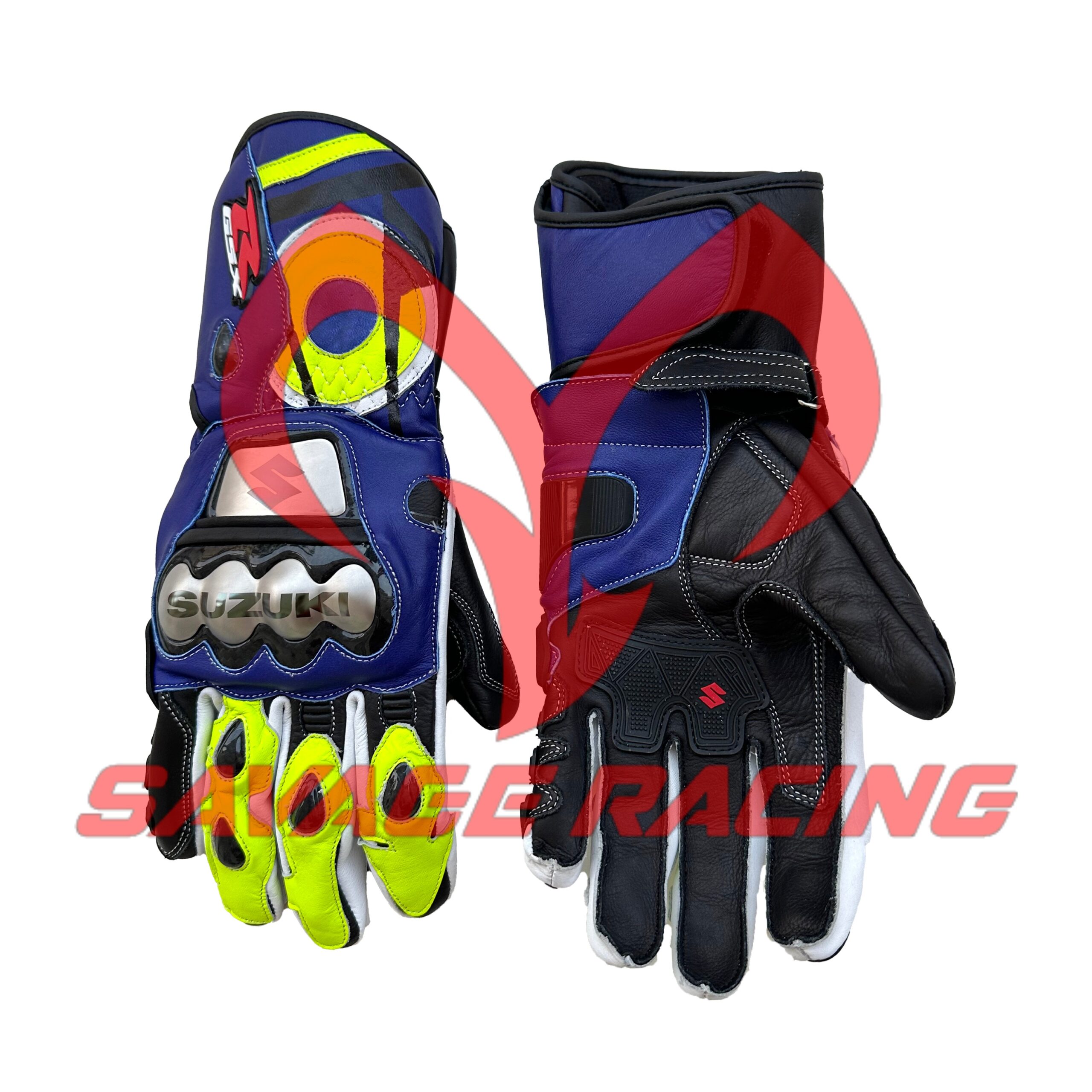 Top and Palm Hybrid View of Suzuki Leather Racing Gloves Dual view of Suzuki MotoGP motorcycle gloves showing top and bottom glove details