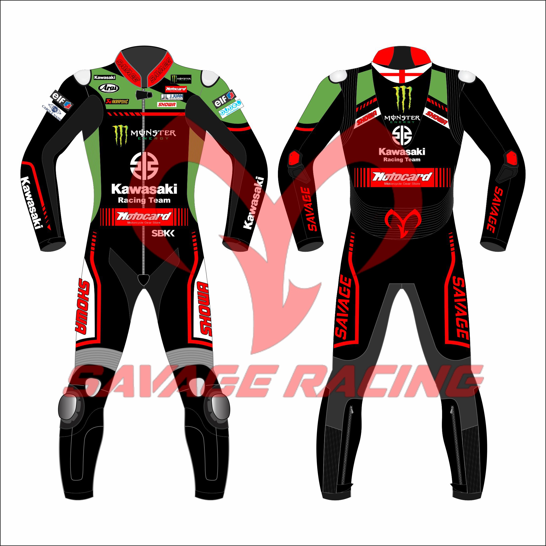 Kawasaki Racing Team WSBK 2021 Suit - Jonathan Rea Replica Jonathan Rea Kawasaki WSBK 2021 leather suit front and back view