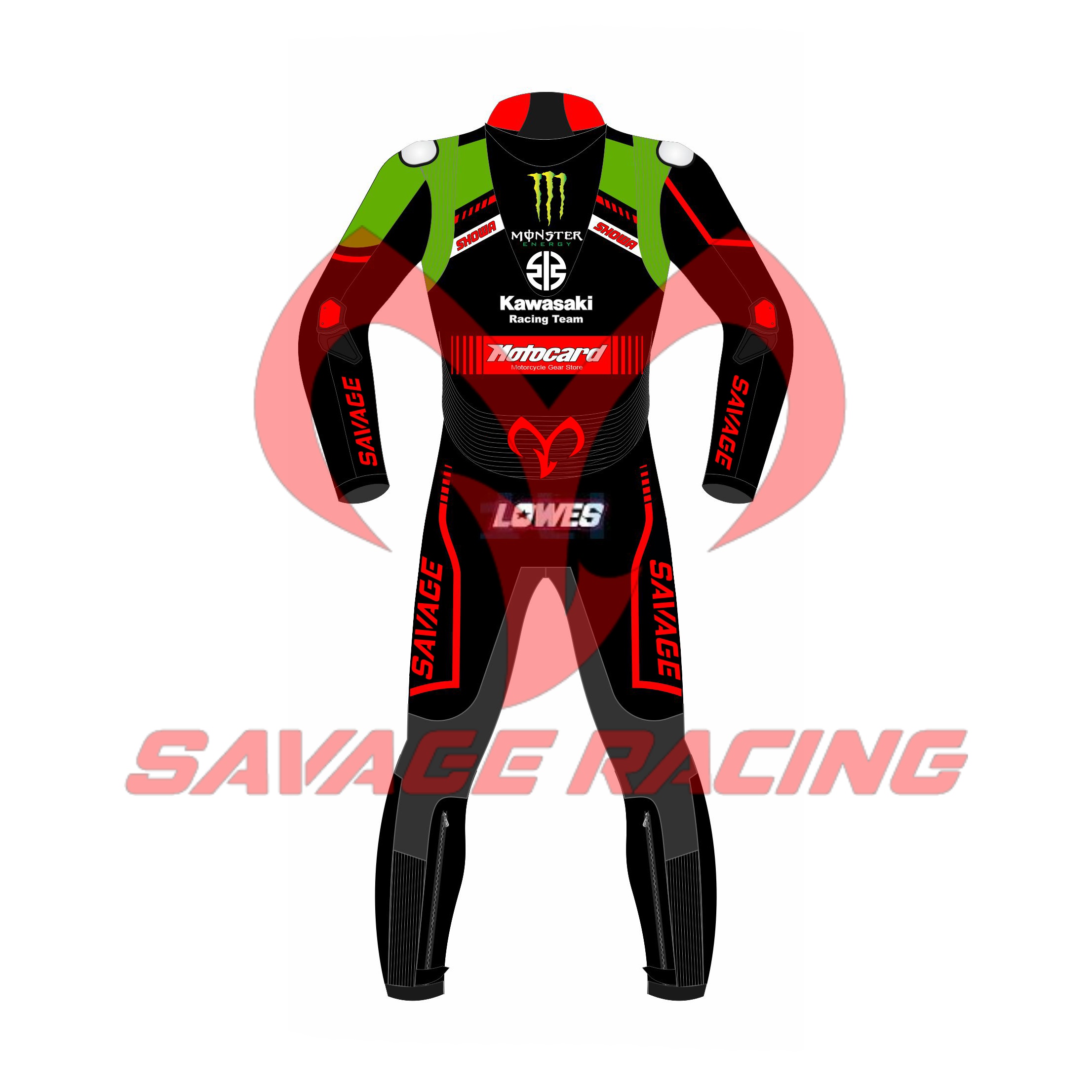 Kawasaki Racing Suit 2021 – Alex Lowes Edition (Back View) Back view of Alex Lowes Kawasaki WSBK 2021 leather suit with LOWES and Savage Racing branding