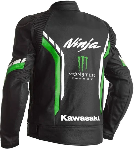 Kawasaki Monster Energy Ninja Motorcycle Leather Jacket – Back Kawasaki Monster Energy Ninja Motorcycle Jacket Back View – Black and Green Leather with Logos