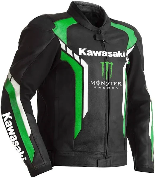 Kawasaki Monster Energy Ninja Motorcycle Leather Jacket – Front Kawasaki Monster Energy Ninja Motorcycle Jacket Front View – Green and Black Racing Design