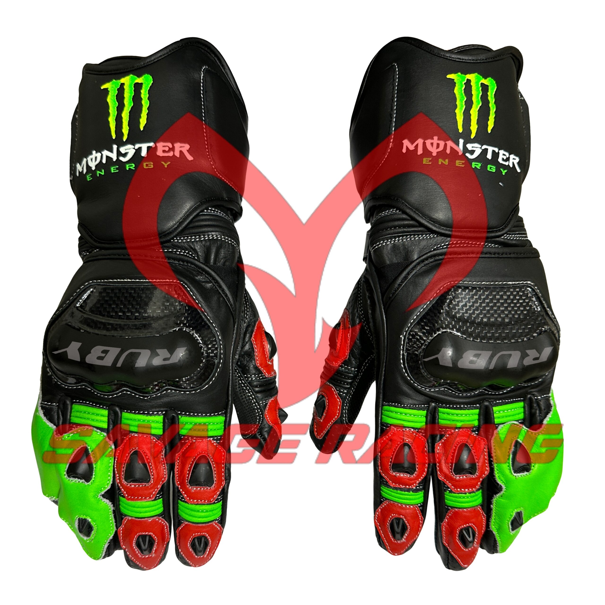 Kawasaki Monster Energy Racing Leather Gloves – Track Edition Kawasaki Monster Energy motorbike gloves with red-green knuckles and carbon armor