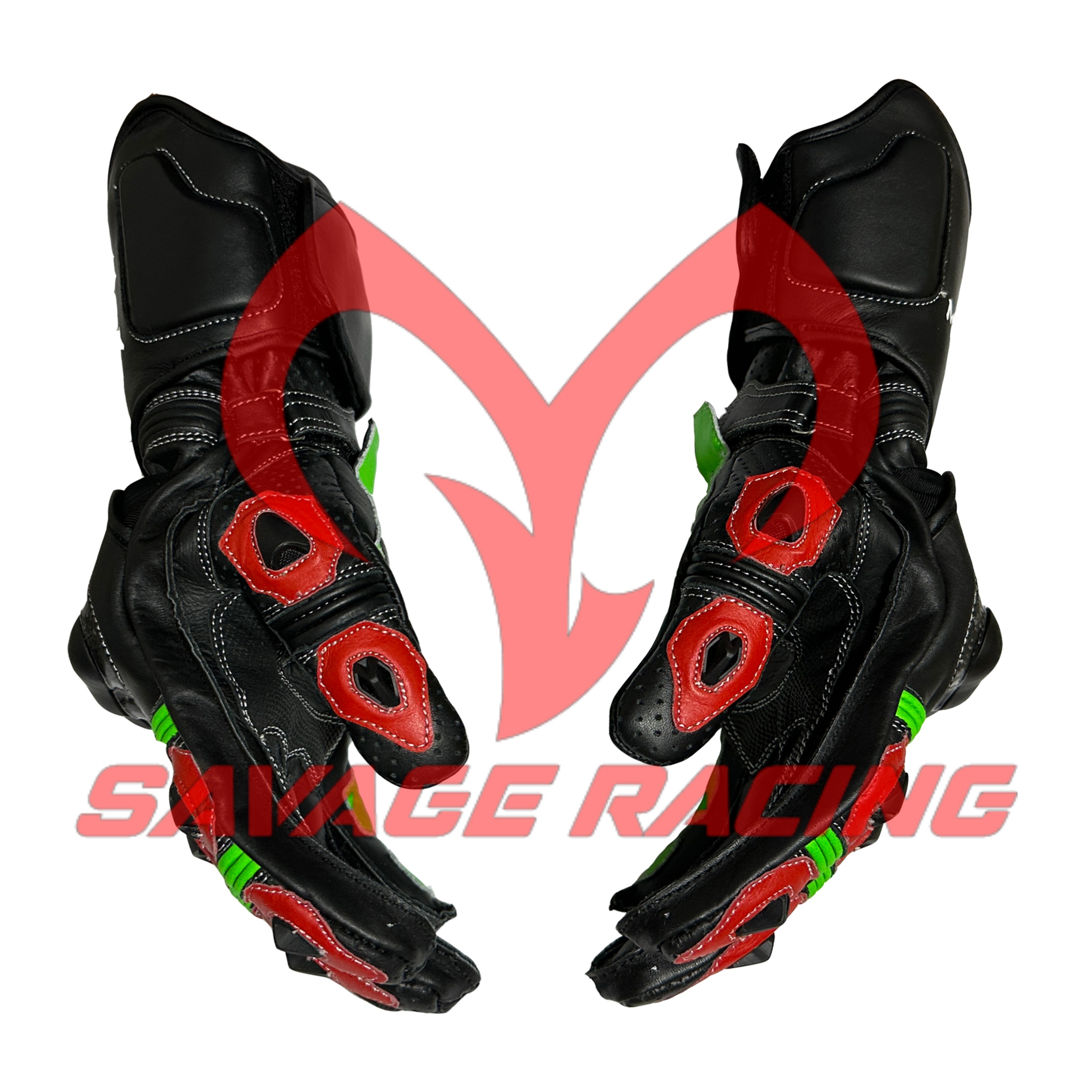 Monster Energy Motorcycle Gloves – Side Profile with Enhanced Grip Zones Side view of Kawasaki Monster Energy racing gloves showing red sliders and finger armor
