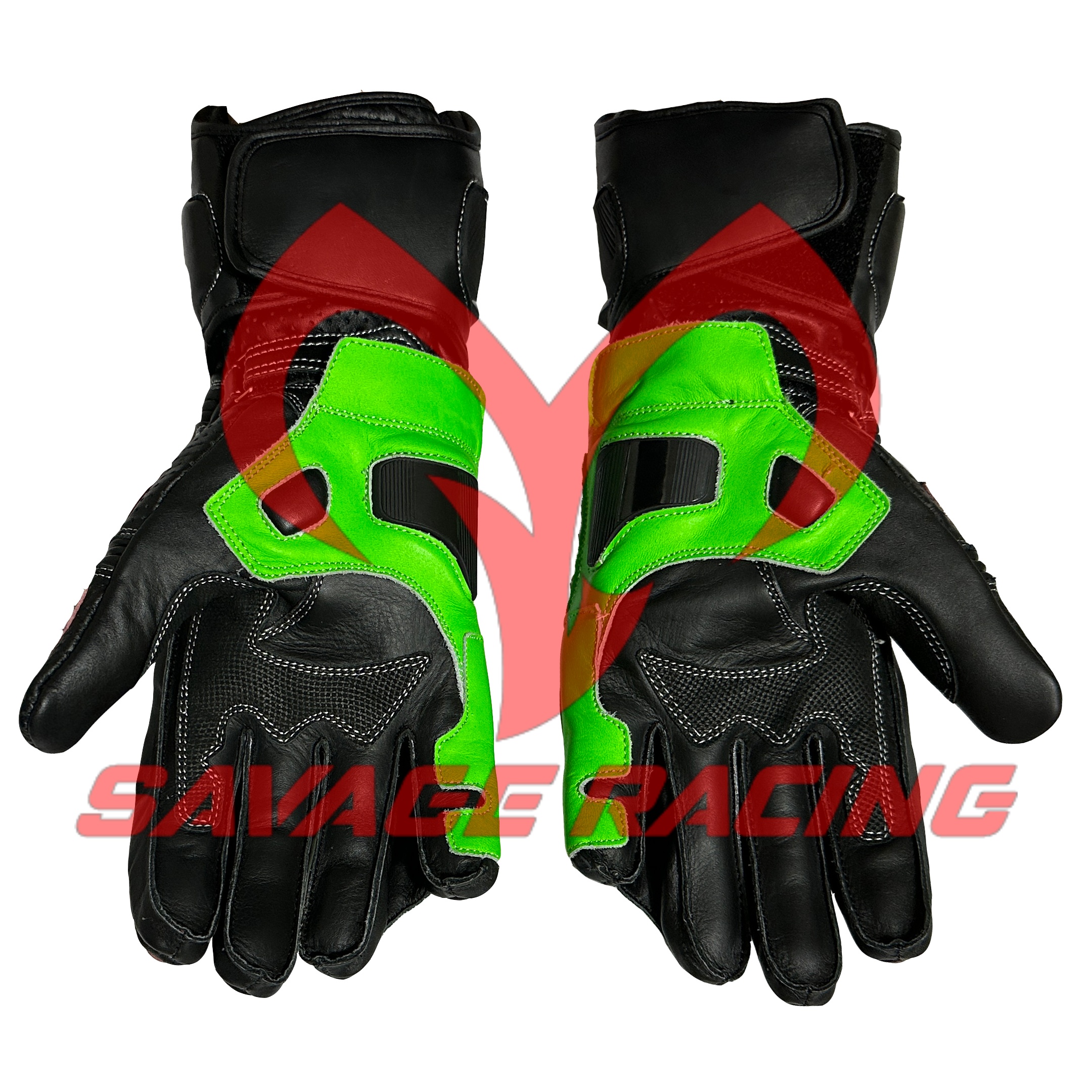 Kawasaki Monster Gloves – Palm Reinforcement and Precision Grip Palm view of Kawasaki Monster Energy motorbike gloves with green panel and grip zones