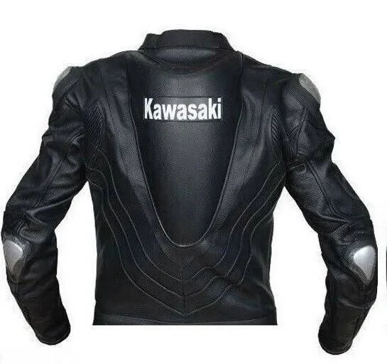 Kawasaki Ninja Black Motorcycle Jacket – Back View Back view of Kawasaki Ninja black motorcycle jacket with white Kawasaki logo