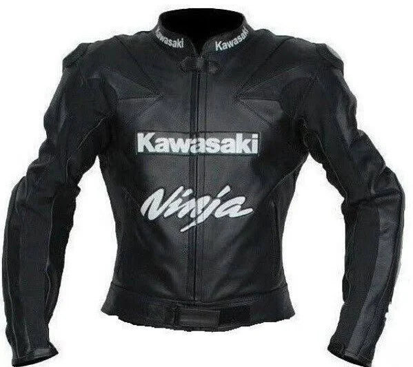 Kawasaki Ninja Black Motorcycle Jacket – Front View Front view of Kawasaki Ninja black motorcycle jacket with Kawasaki and Ninja logos