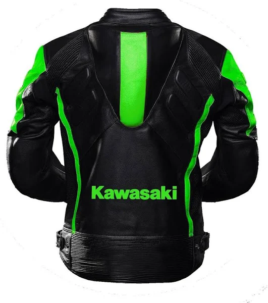 Kawasaki Ninja Black and Green Leather Jacket – Back View Kawasaki Ninja Motorcycle Jacket Back View - Black and Green Leather