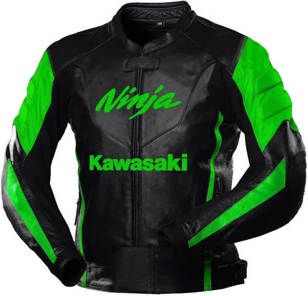 Kawasaki Ninja Black and Green Leather Jacket – Front View Kawasaki Ninja Motorcycle Jacket Front View - Black and Green Leather