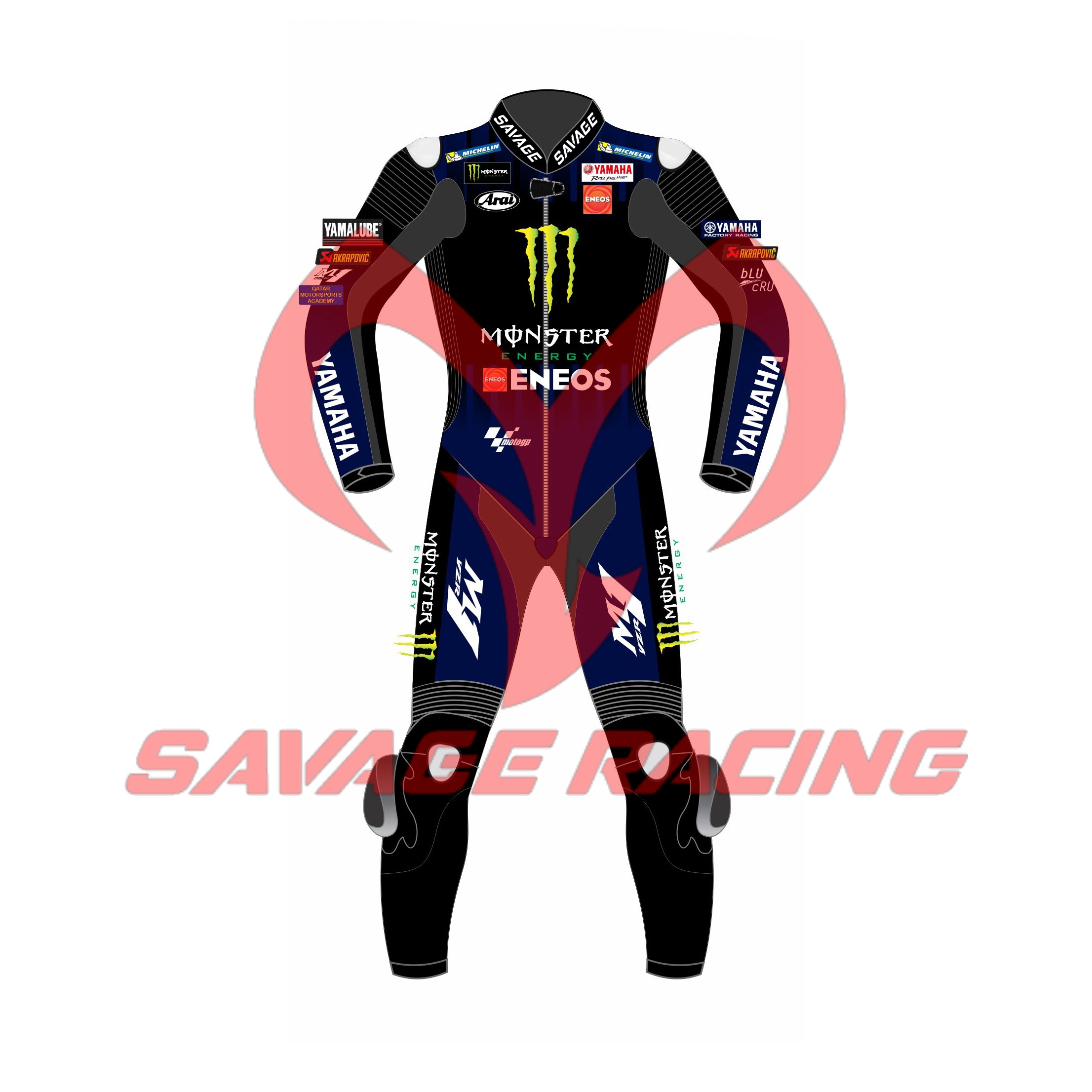 Maverick Viñales Monster Yamaha MotoGP 2021 Leather Suit – Front Maverick Viñales Yamaha Monster Energy MotoGP 2021 Racing Suit Front View