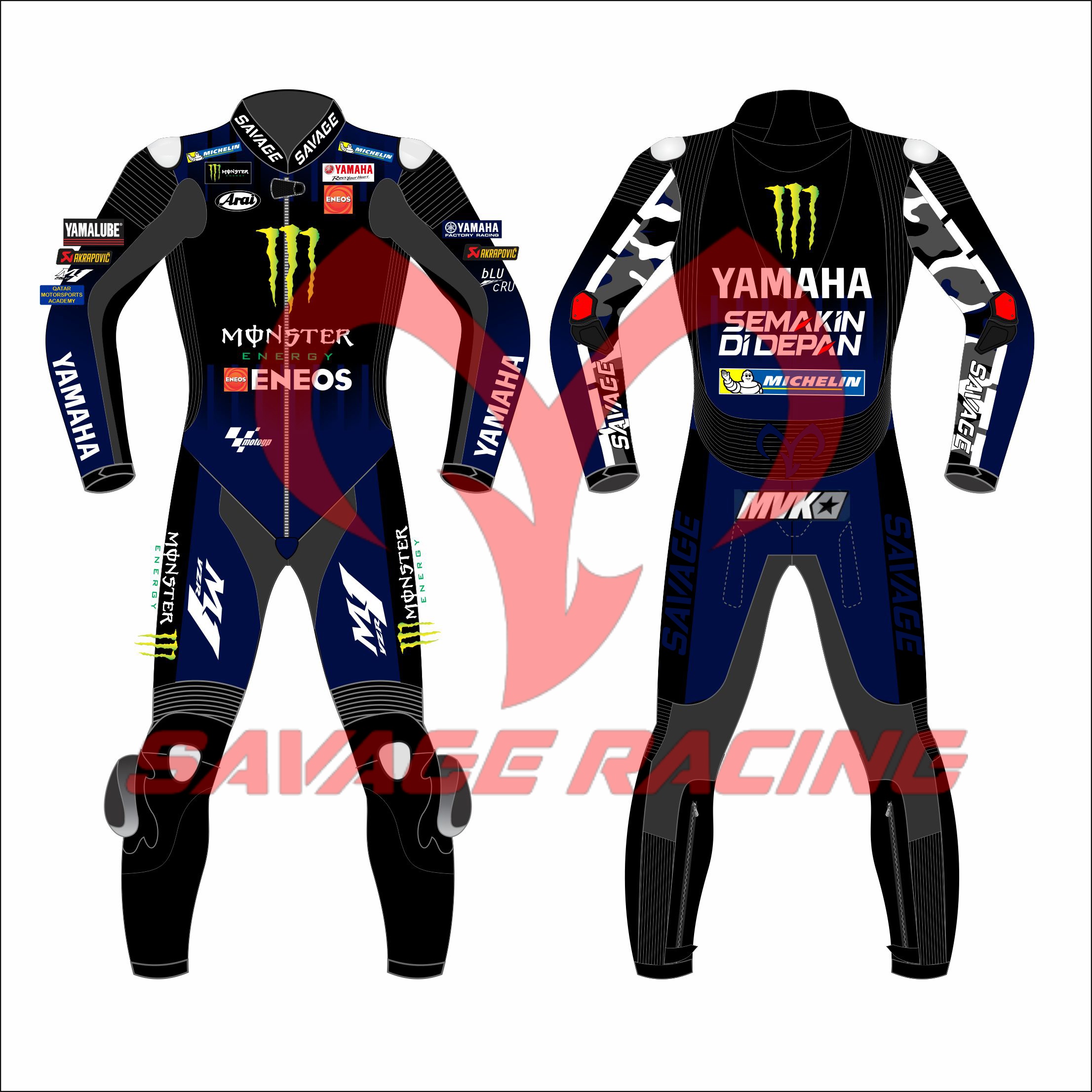 2021 Maverick Viñales Monster Yamaha MotoGP Leather Suit – Full Layout Maverick Viñales 2021 Yamaha Monster Energy MotoGP Racing Suit Full View