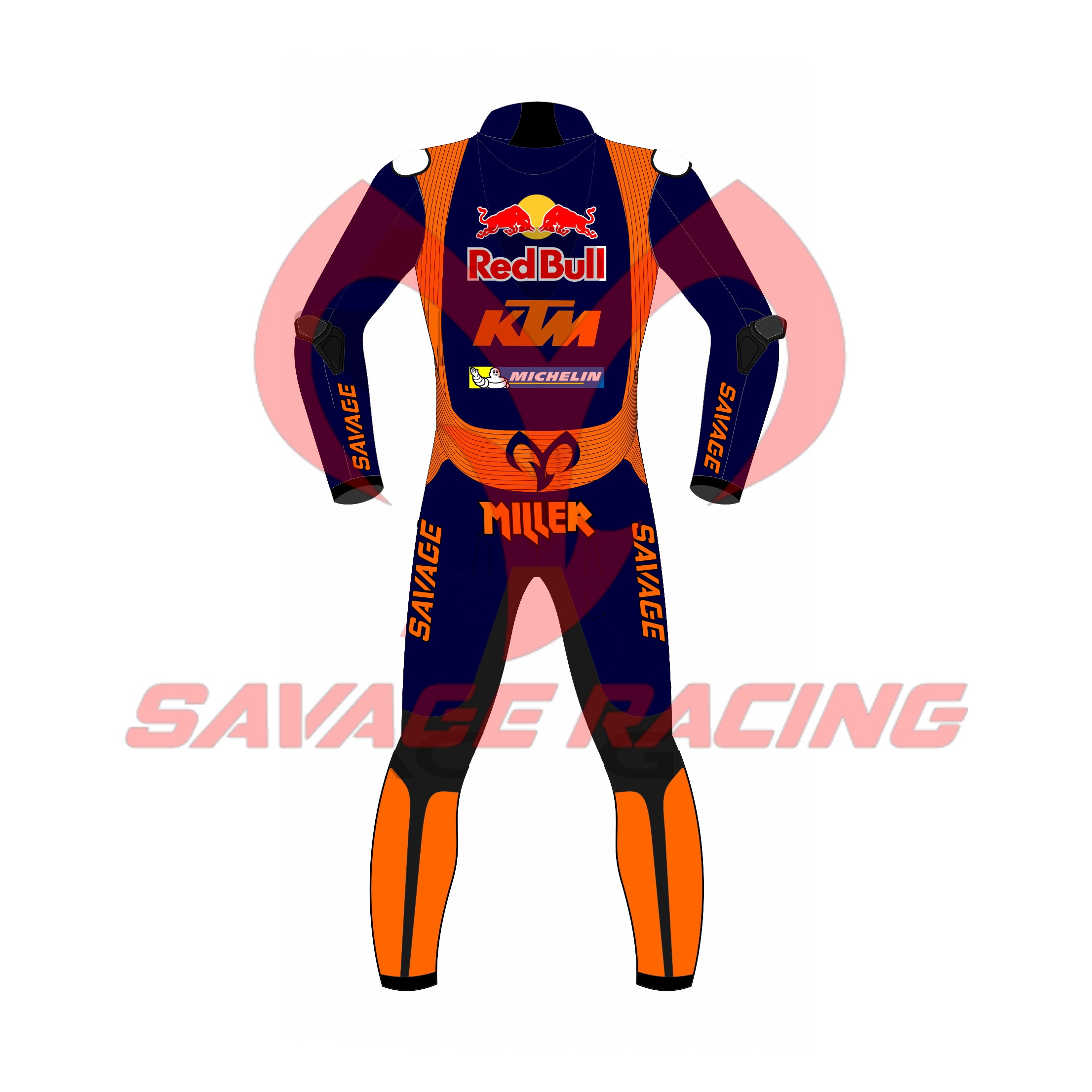 Jack Miller Red Bull KTM 2023 MotoGP Racing Suit - Back View Back view of Jack Miller KTM Red Bull MotoGP 2023 leather racing suit
