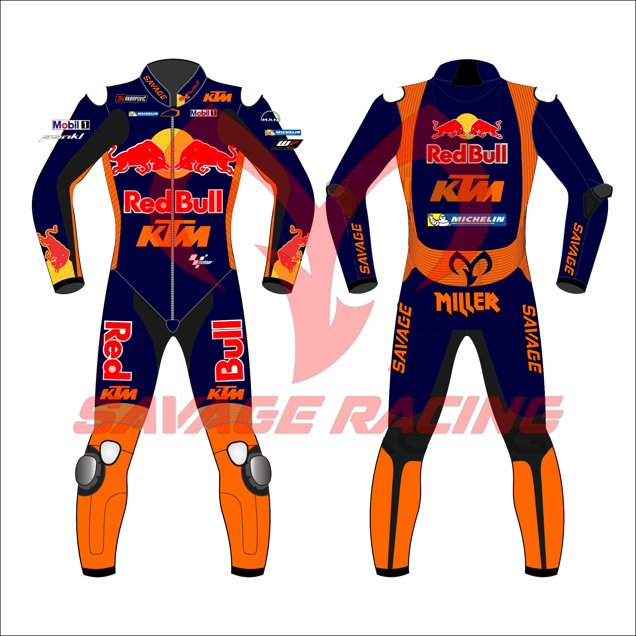 Jack Miller KTM Red Bull MotoGP 2023 Leather Race Suit - Full View Complete front and rear view of Jack Miller KTM Red Bull MotoGP 2023 racing suit