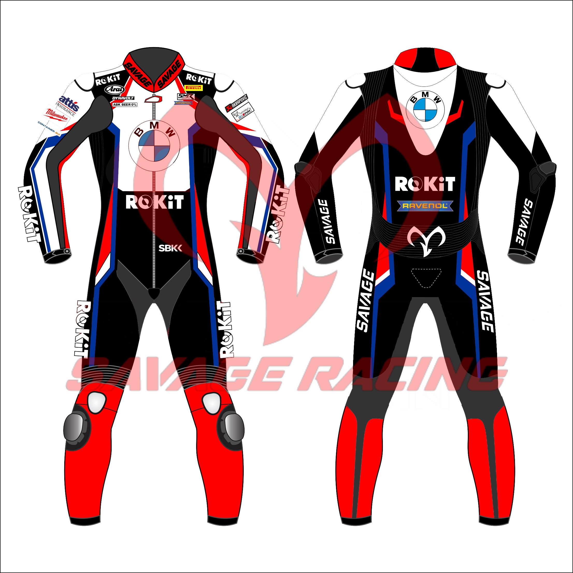 BMW ROKiT Michael van der Mark SBK 2023 Suit – Full 2-Side View Full Front and Back BMW SBK 2023 Michael van der Mark Leather Racing Suit
